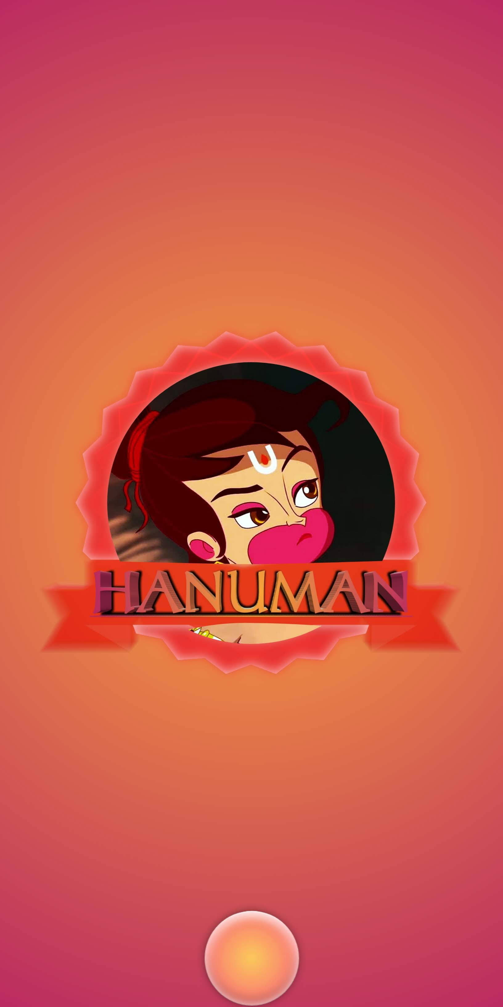 hanuman art 桌布 壁紙 — 額頭上有U標記的卡通哈努曼，在漸變橙色粉紅色背景上，從紅色扇形邊框窺視出來。
