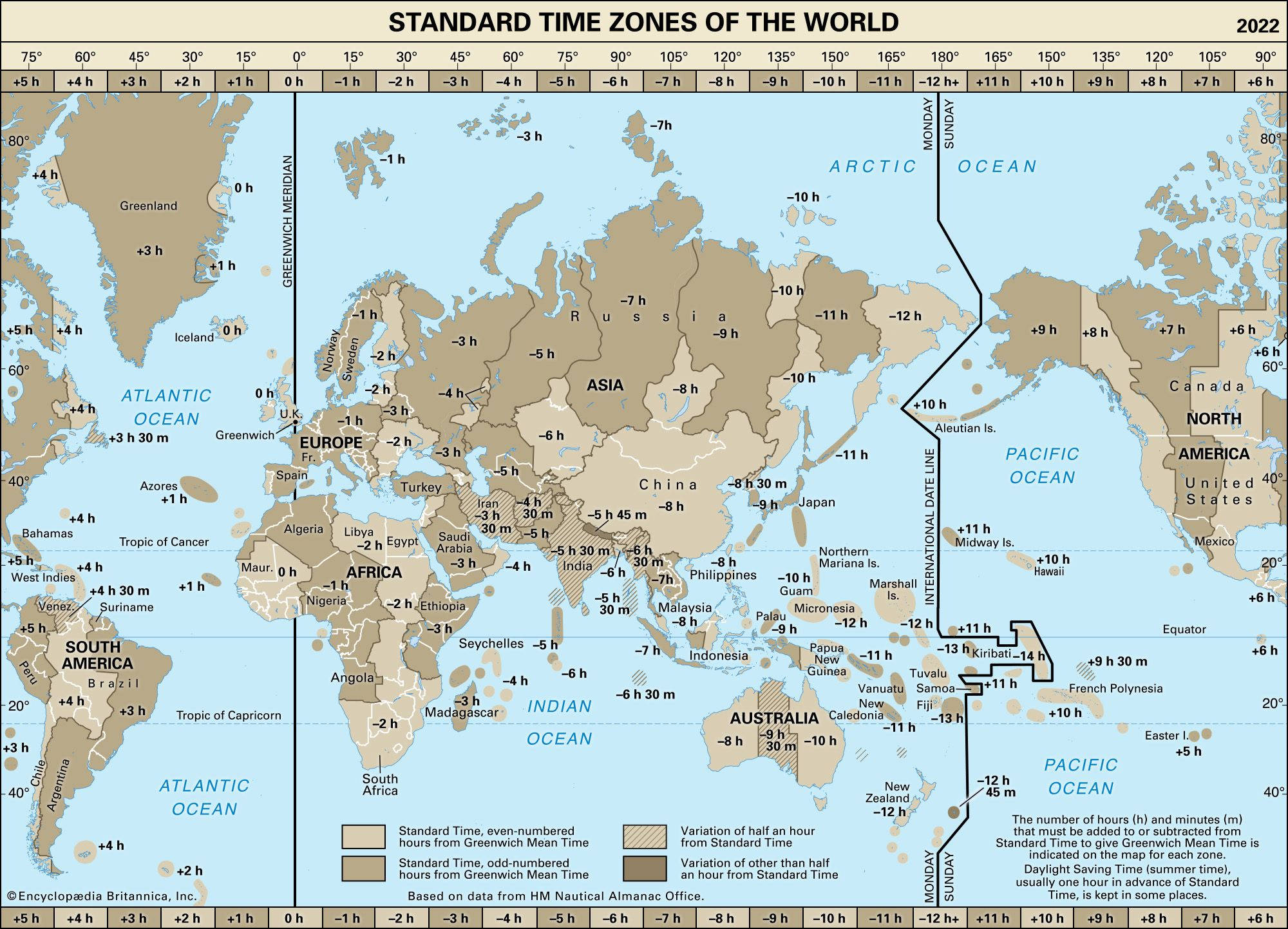Map 桌布 壁紙 — 顯示標準時區的世界地圖，標有各大洲、海洋以及與格林威治標準時間的時差。