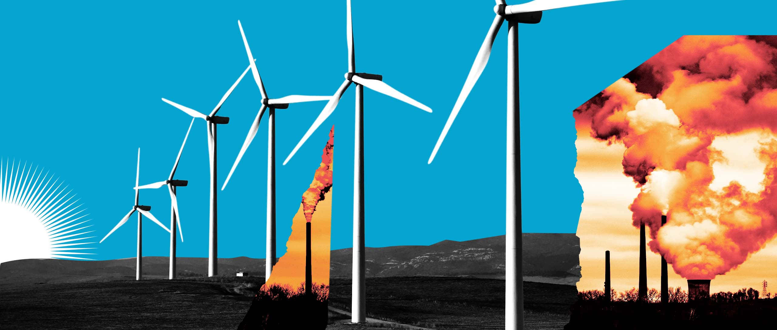 Wind 桌布 壁紙 — 風力渦輪機在明亮的藍天下矗立，右邊工廠煙囪噴出熾熱的工業煙霧。