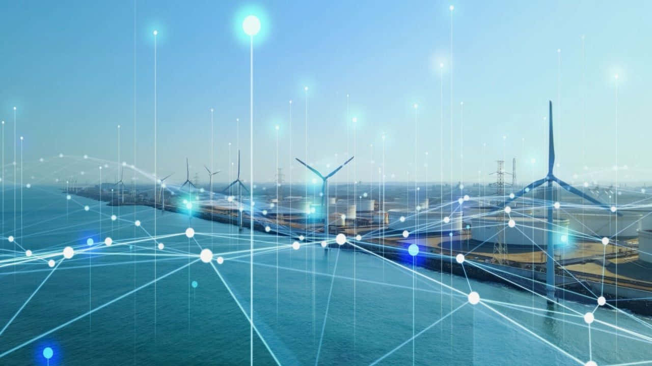Renewable Energy 桌布 壁紙 — 風力渦輪機矗立在沿海工業區，上面覆蓋著發光的數位網路線條和資料點。