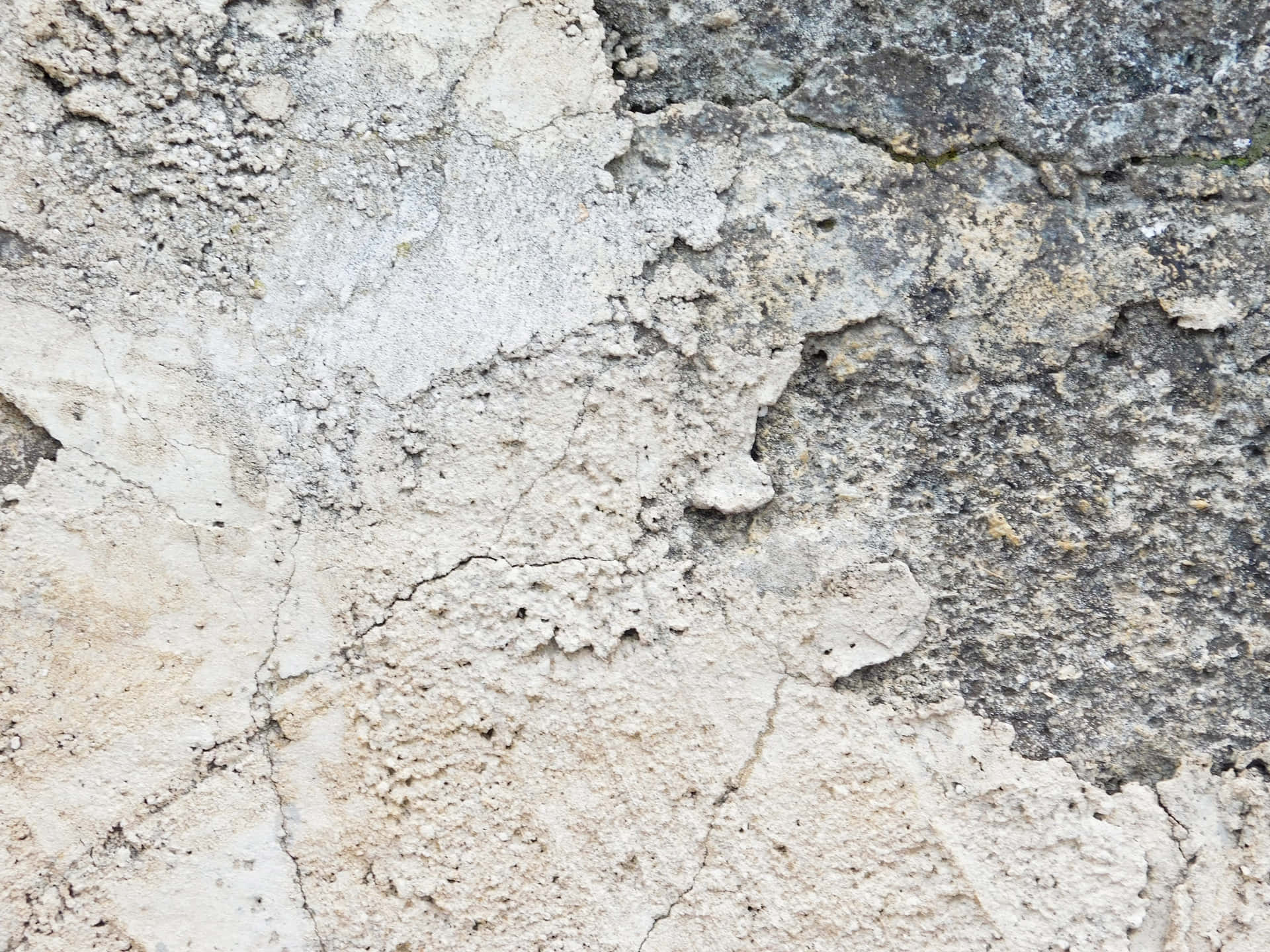 Stone texture 壁紙 — 風化混凝土的特寫，白色灰泥開裂剝落，露出下面粗糙的灰色石頭。
