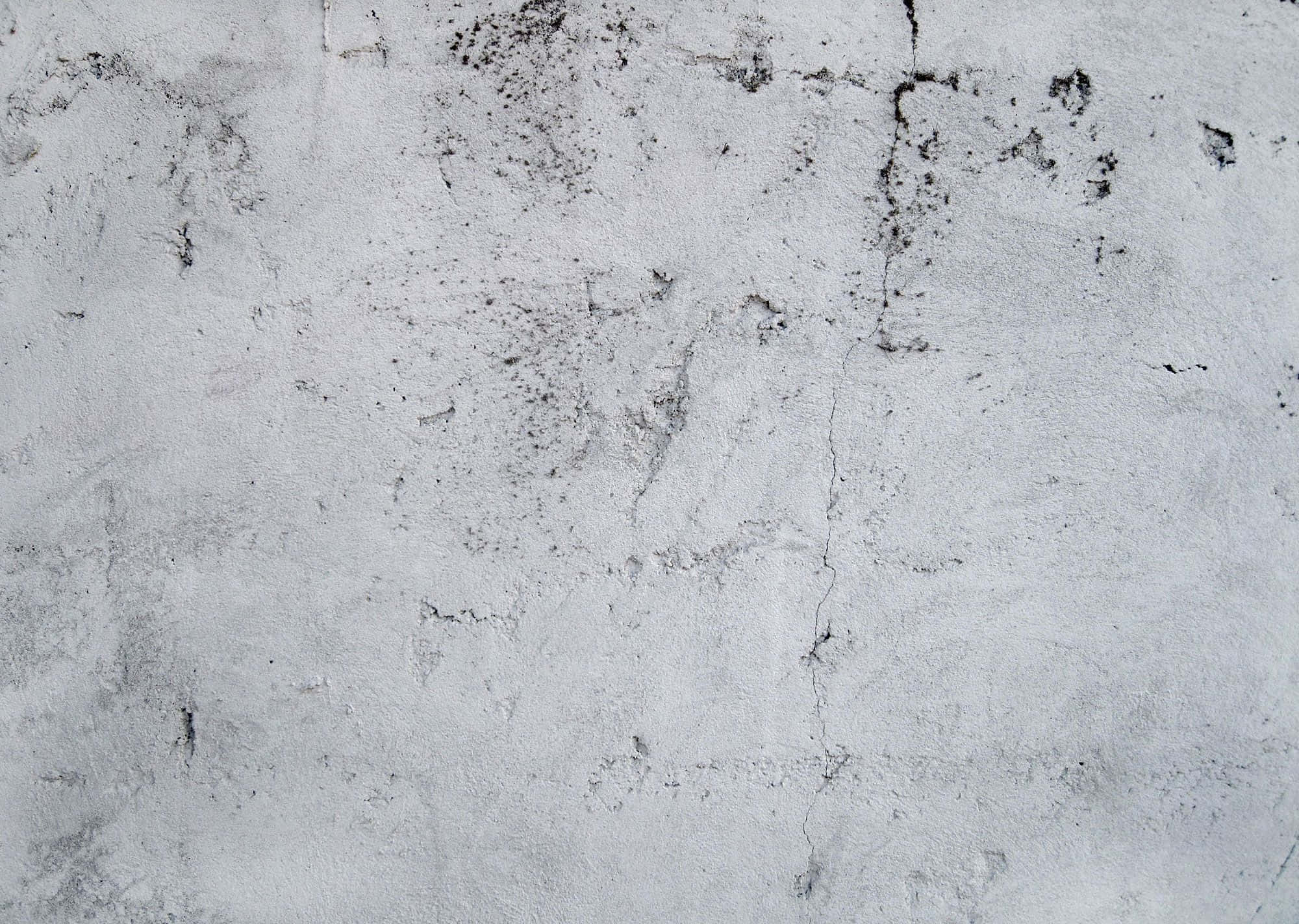 White Grunge 桌布 壁紙 — 風化淺灰色混凝土牆的特寫，帶有裂縫和深色斑點，顯示紋理和年代。