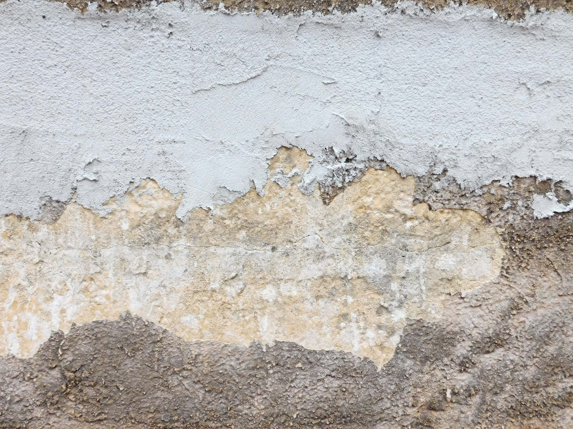 Stone texture 壁紙 — 風化牆壁的特寫，白色油漆剝落，露出下面的米色和灰色紋理層。