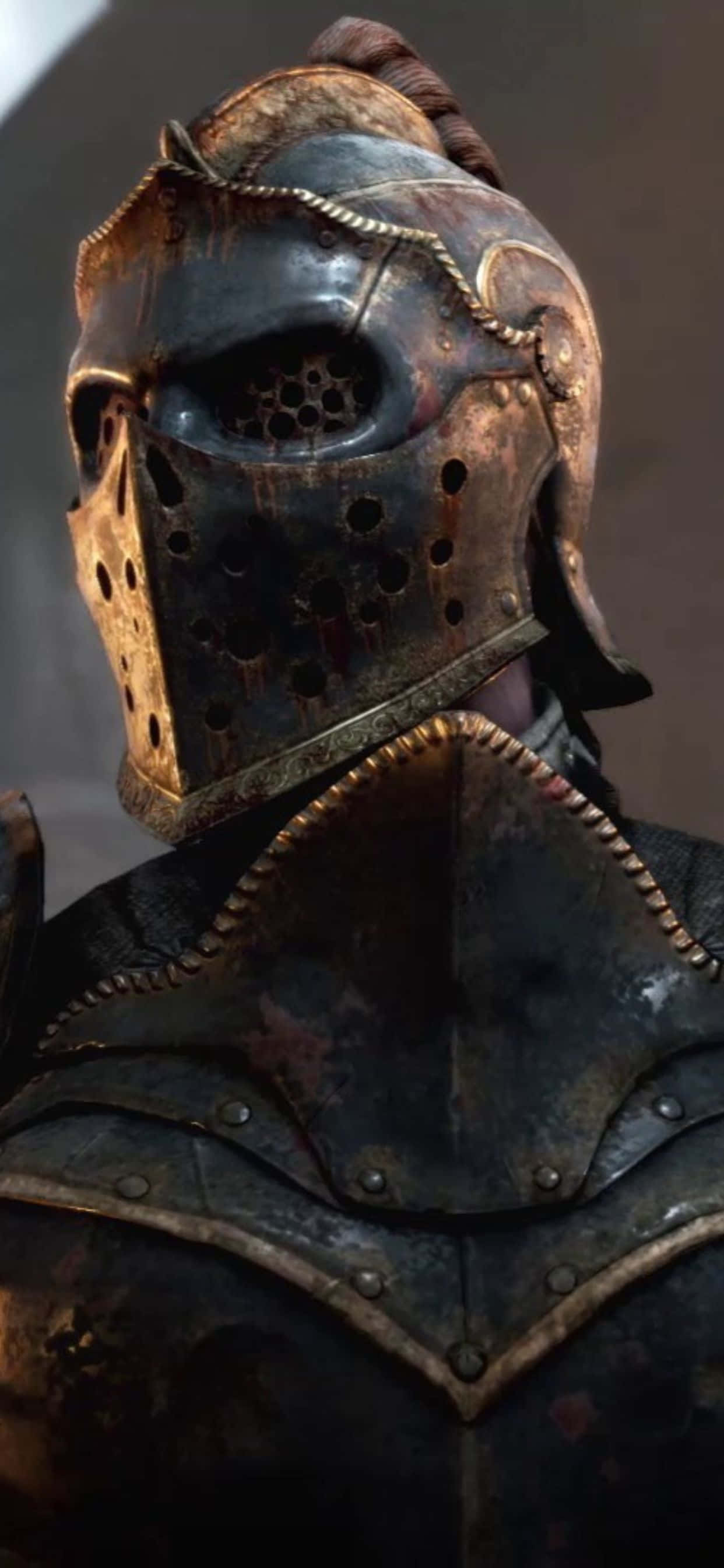 iPhone Xs Max For Honor 桌布 壁紙 — 風化的中世紀騎士頭盔特寫，鏽蝕金屬和穿孔面罩。