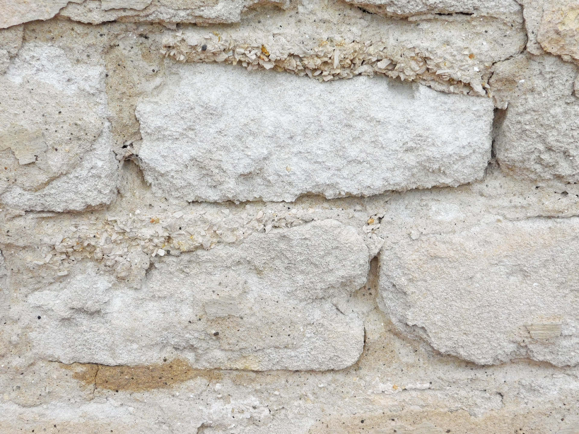 Stone texture 壁紙 — 風化的淺米色石磚特寫，粗糙紋理和剝落的砂漿接縫。
