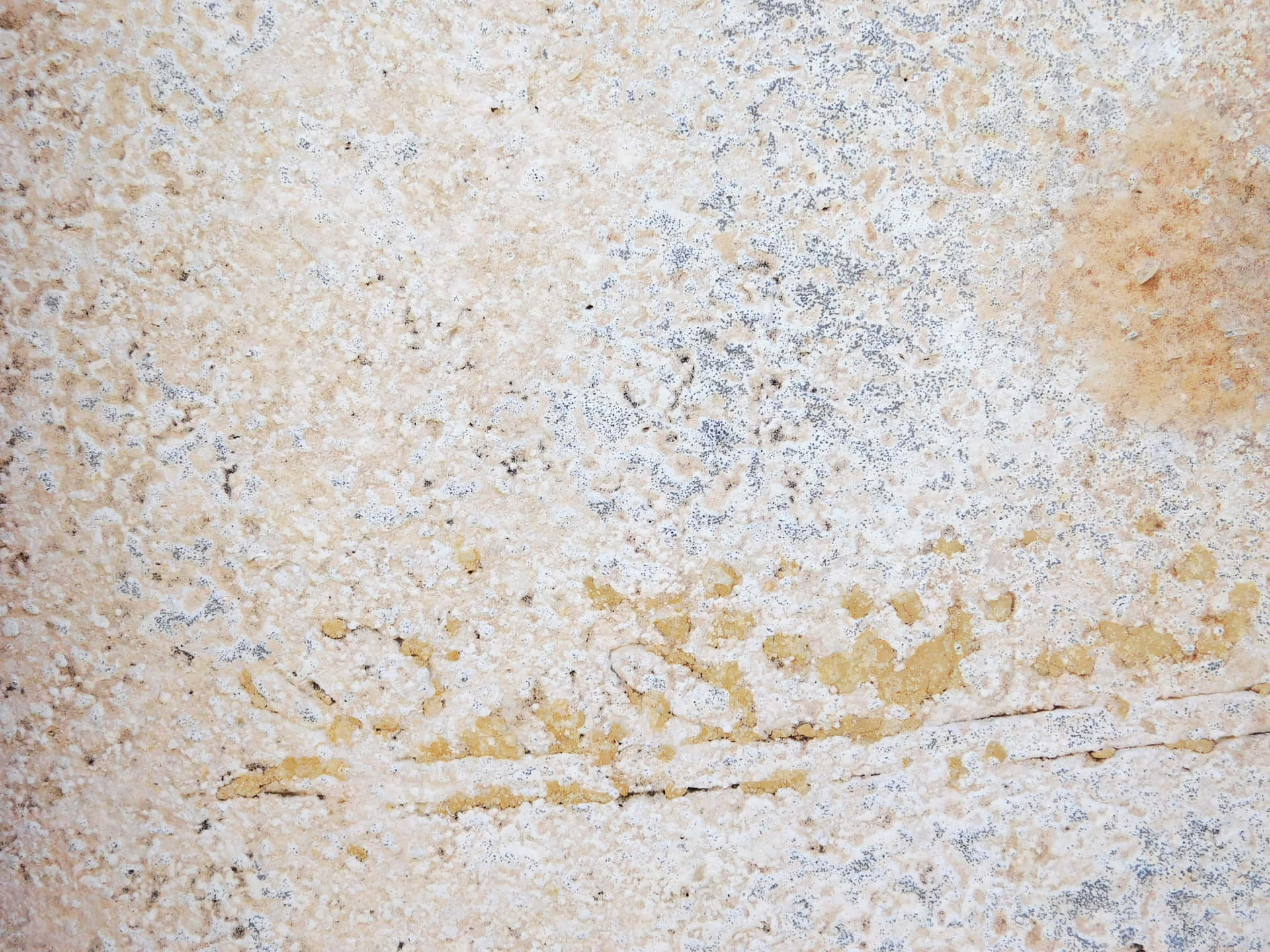 Stone texture 壁紙 — 風化的米色石頭表面特寫，帶有灰色斑點和黃色污漬沿著一條水平裂縫。
