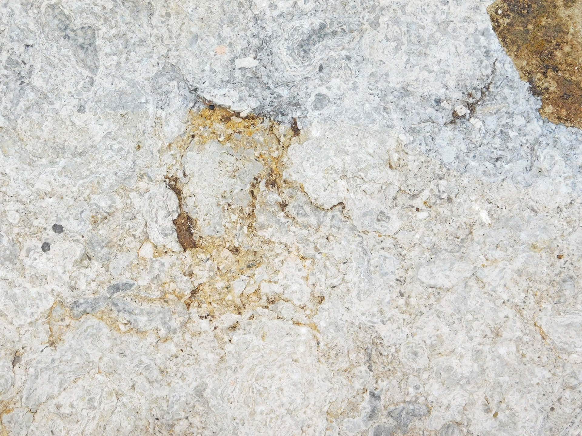 Stone texture 壁紙 — 風化石頭表面的特寫，帶有漩渦狀的灰白色和金棕色礦脈。