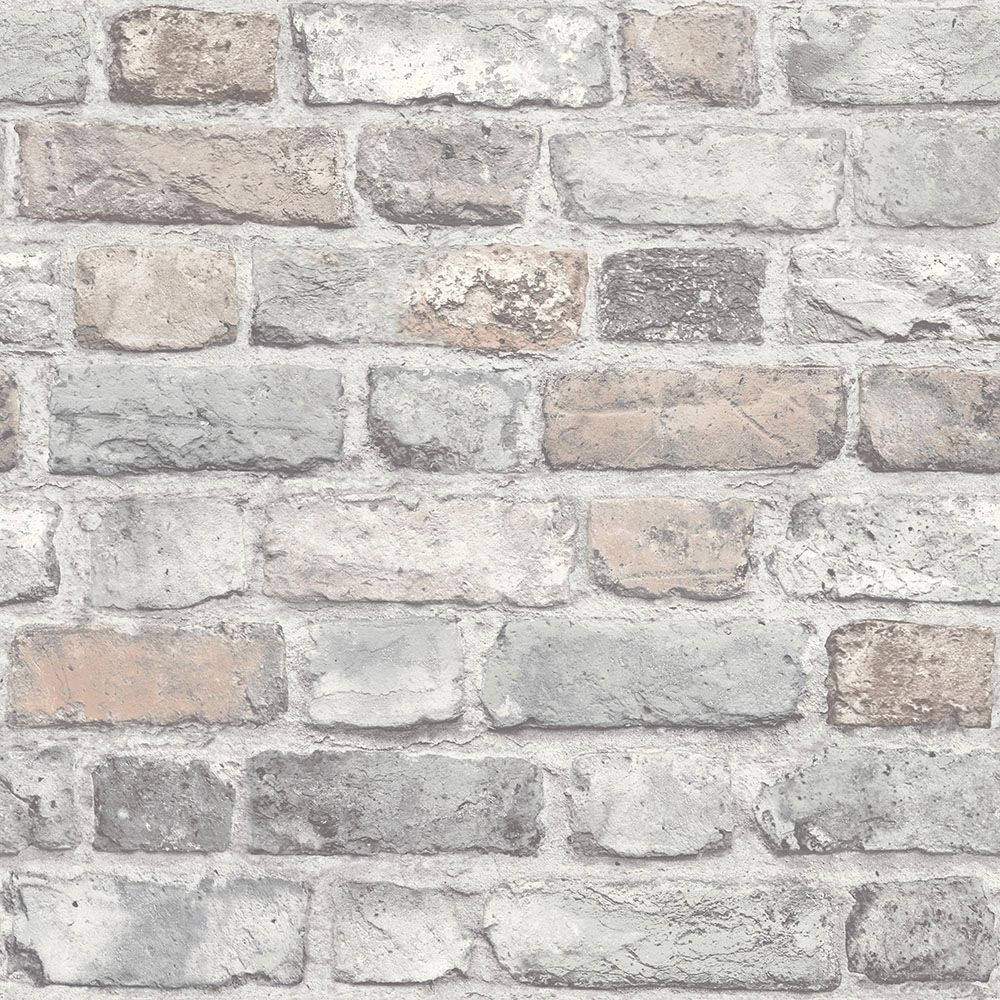 White Brick 桌布 壁紙 — 風化磚牆，灰色和米色色調，展現鄉村紋理和老化砂漿。