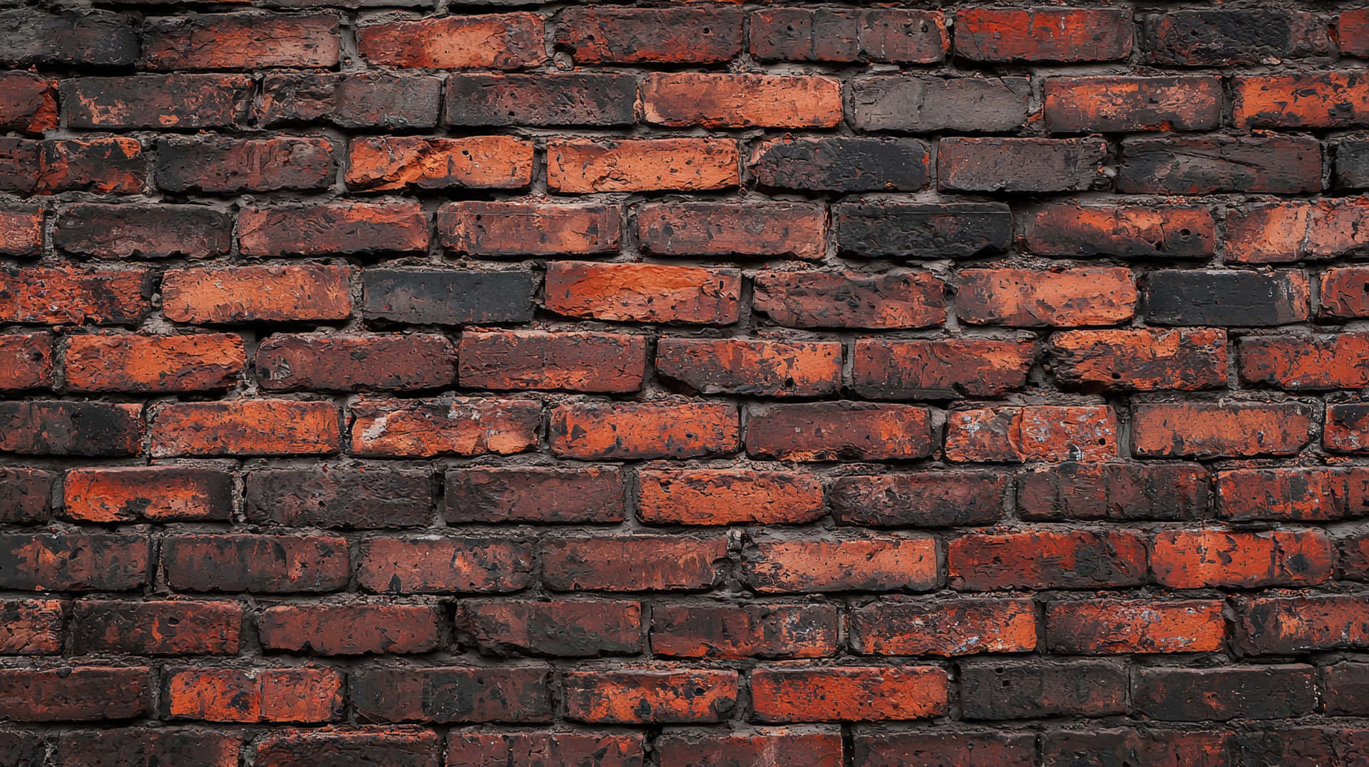 A close-up of an old red brick wall with a rough, weathered texture, showing signs of aging 壁紙 — 風化紅磚牆特寫，深色砂漿，紋理可見。