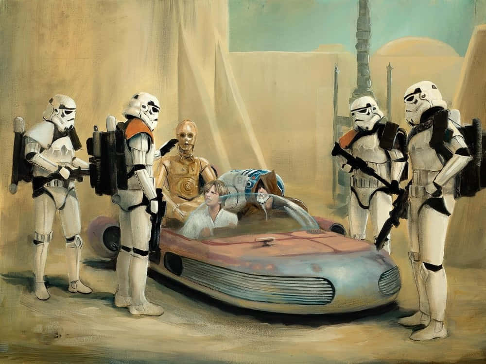 Mos Eisley 桌布 壁紙 — 風暴兵包圍一架沙漠飛車，上有路克、莉亞、C3PO和R2D2，在塵土飛揚的天空下形成緊張對峙。