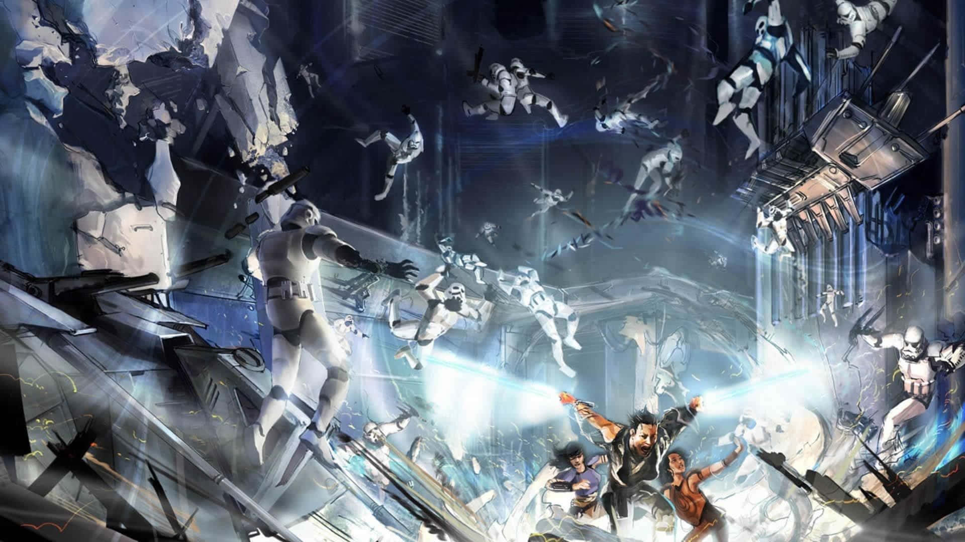 Clone Wars 桌布 壁紙 — 風暴兵和反抗軍在混亂的太空站戰鬥中，於破碎的瓦礫間以發光的藍色光劍交鋒。