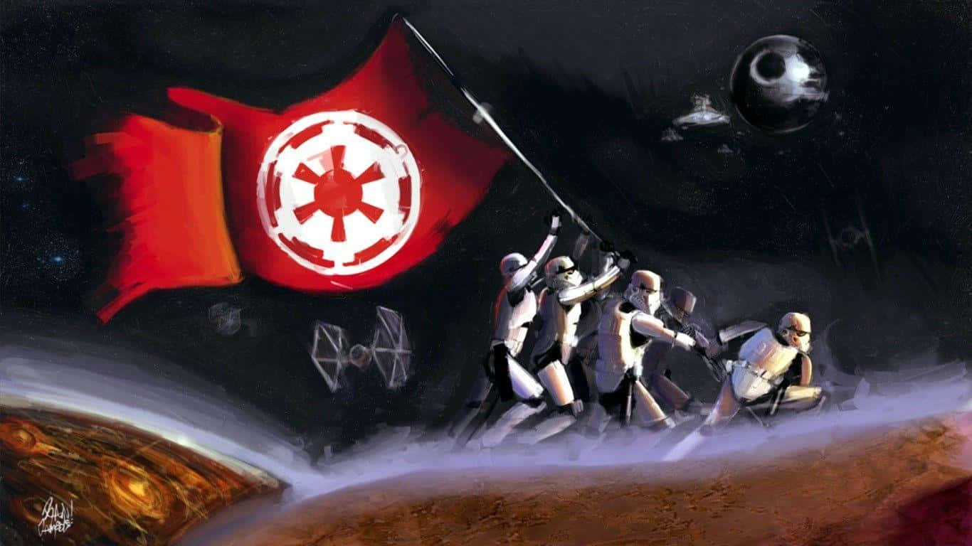桌布 壁紙 — 風暴兵在沙漠星球上舉起紅色帝國旗幟，死星在黑暗的天空中若隱若現。