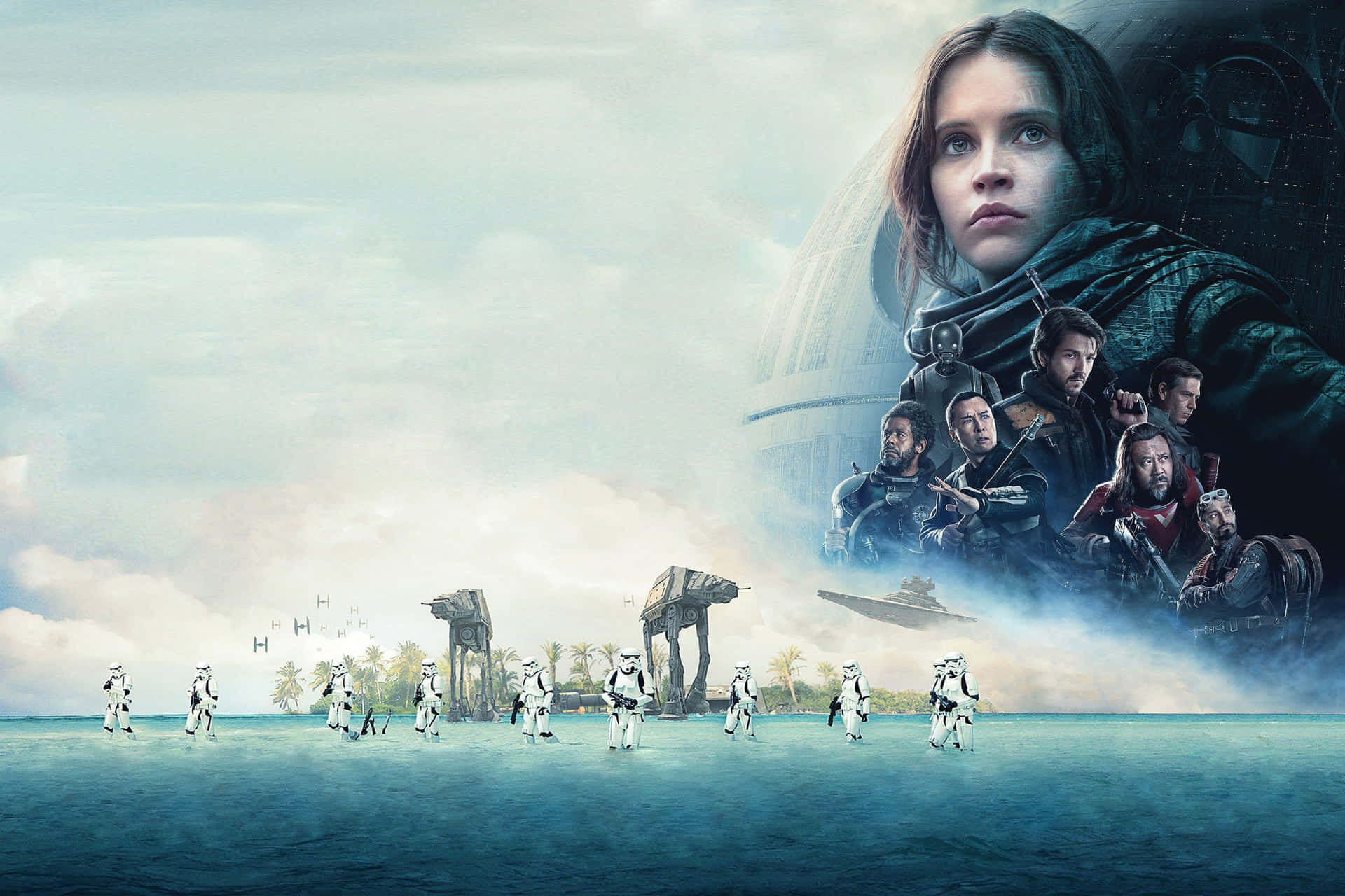 Scarif 桌布 壁紙 — 風暴兵在熱帶海灘上行進，一大群星戰角色和AT-AT步行機在迷霧背景中隱現。
