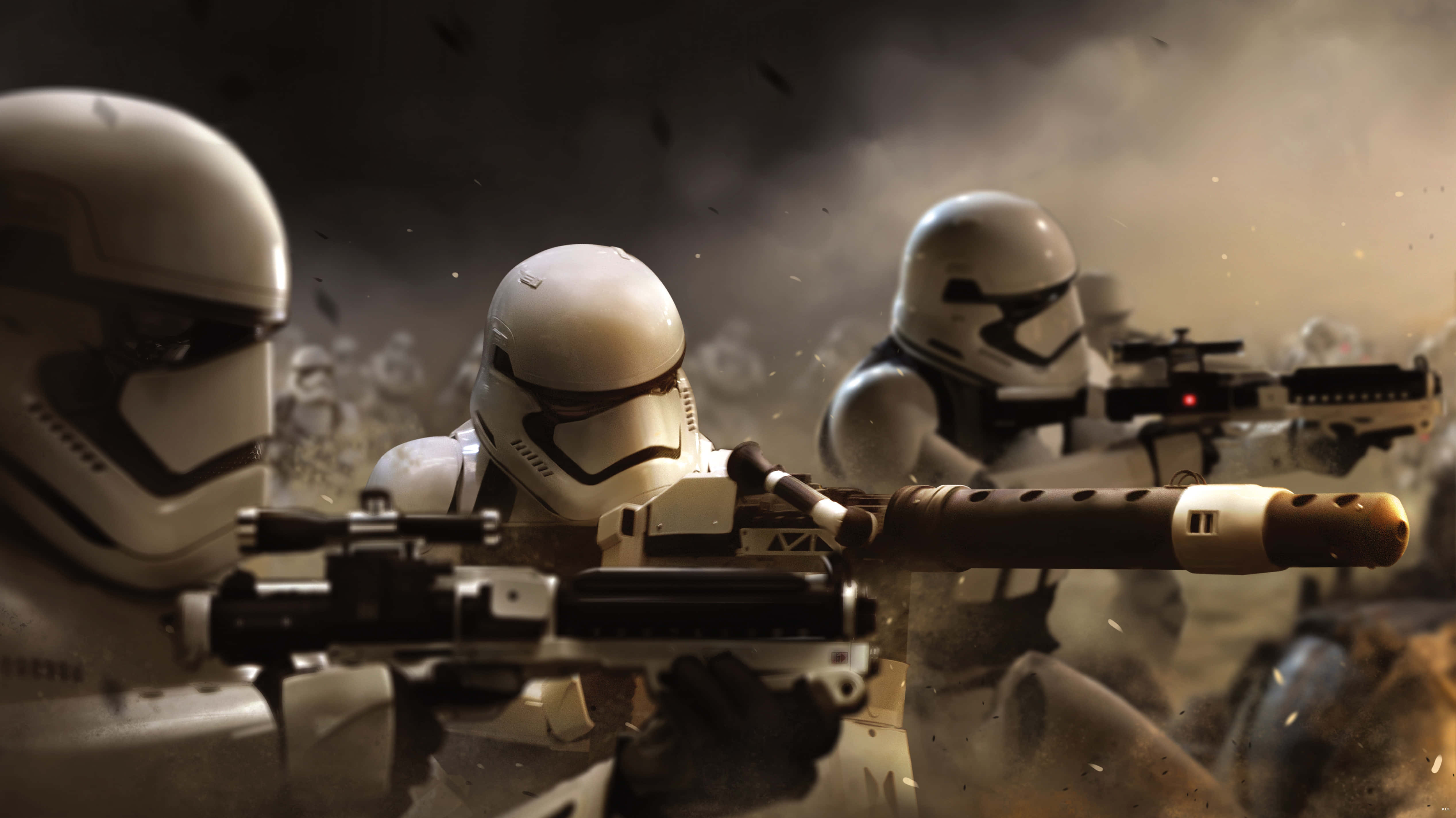 First Order 桌布 壁紙 — 風暴兵在緊張的戰鬥陣型中，手持爆能槍，穿過塵土飛揚的戰場煙霧前進。