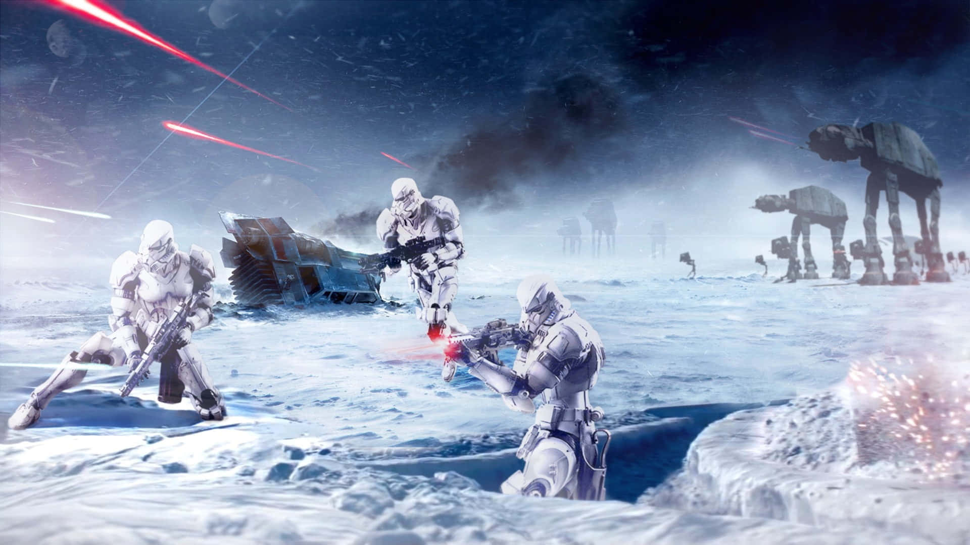 Galactic Empire 桌布 壁紙 — 風暴兵在雪星球上戰鬥，AT-AT步行機和雷射火光照亮冰凍戰場。