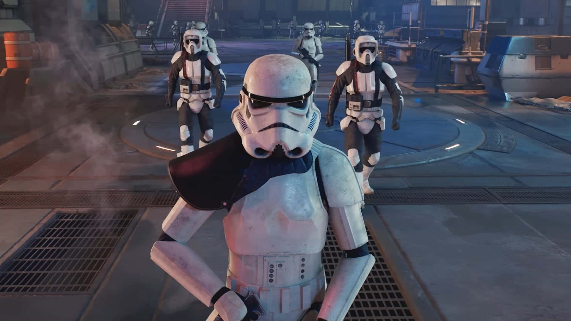 The Coruscant Underworld 桌布 壁紙 — 風暴兵穿過煙霧瀰漫的工業走廊，帶有發光的藍色面板和金屬地板。