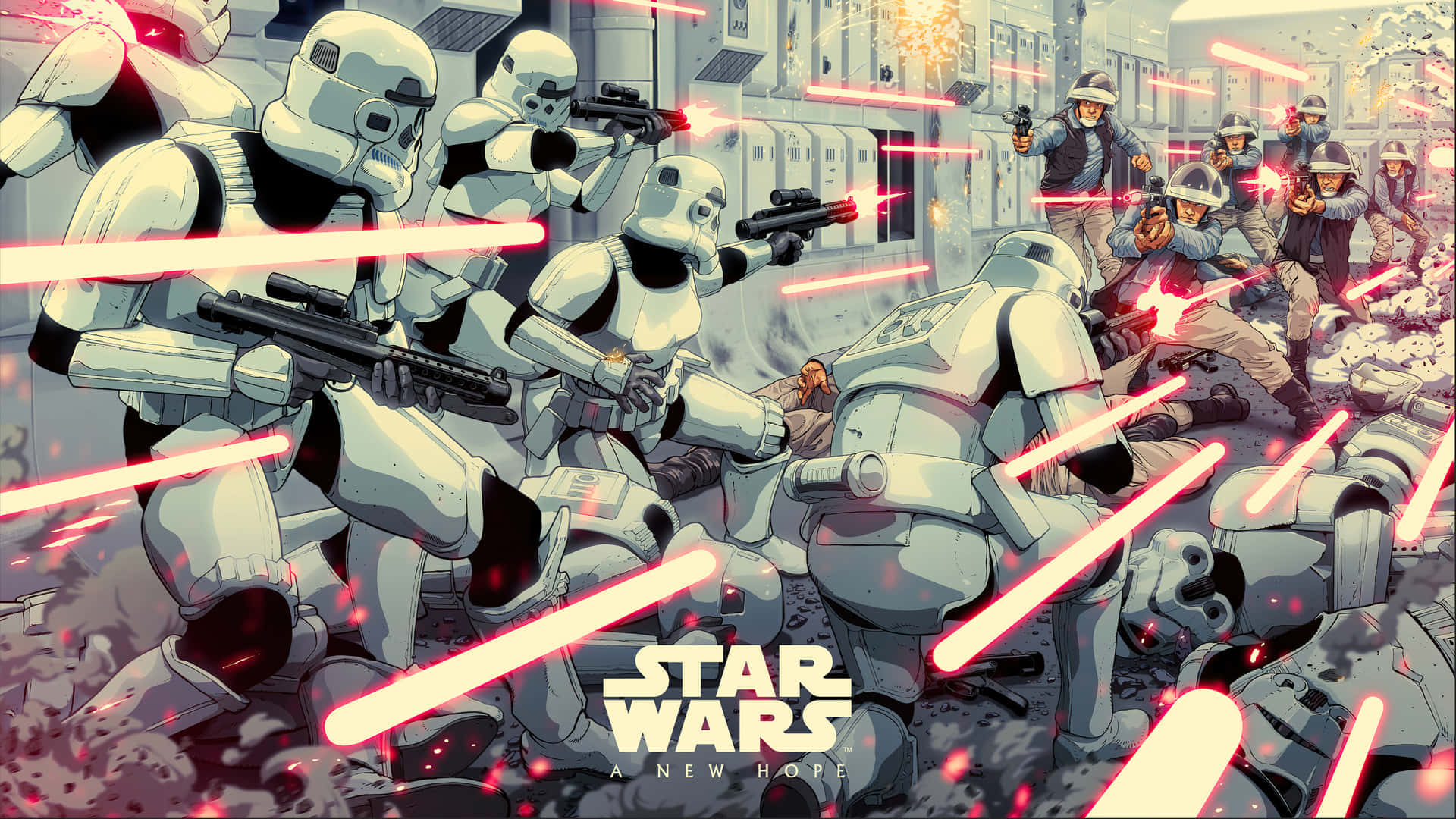 Galactic Empire 桌布 壁紙 — 風暴兵與反抗軍在 gritty 的城市街頭戰鬥中交火，紅色雷射四處飛射。