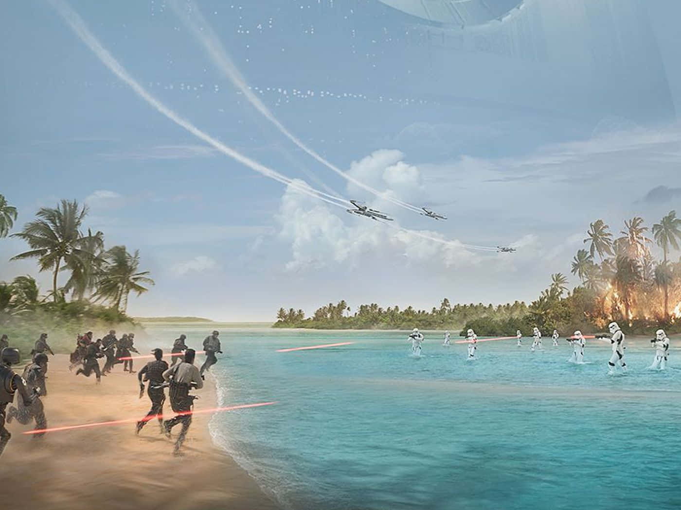 Scarif 桌布 壁紙 — 風暴兵與反抗軍在熱帶海灘上交戰，星際戰機在上空劃過留下煙霧痕跡。