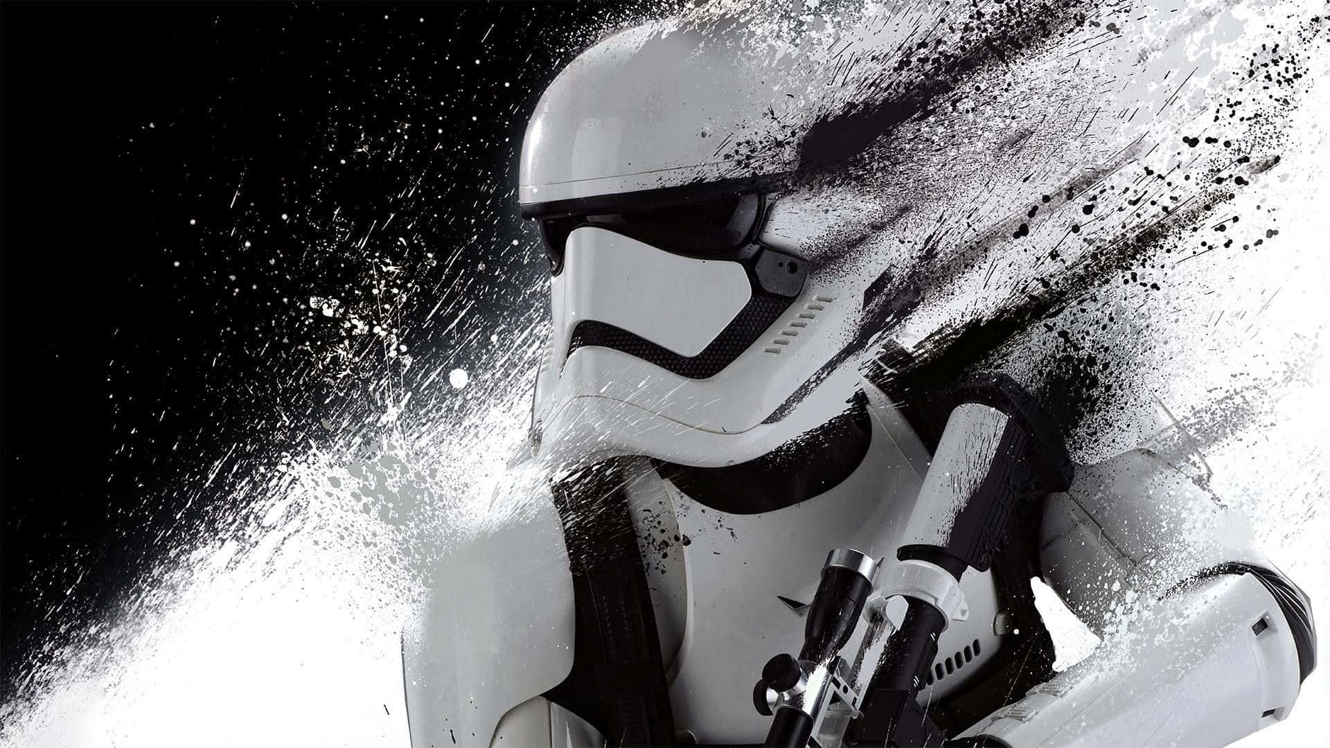 Star Wars Characters 桌布 壁紙 — 風暴兵頭盔和裝甲在純黑背景上爆發出白色和黑色的油漆飛濺效果。