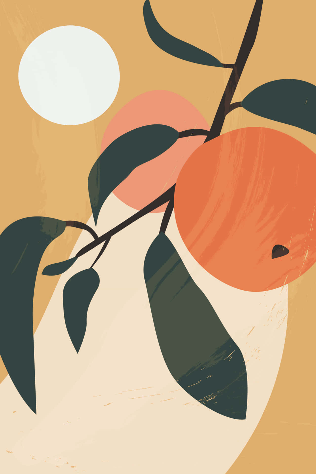 Vintage Peach 桌布 壁紙 — 風格化插圖，描繪樹枝上的橙色水果和深色葉子，背景為溫暖的米色並帶有白色圓圈。