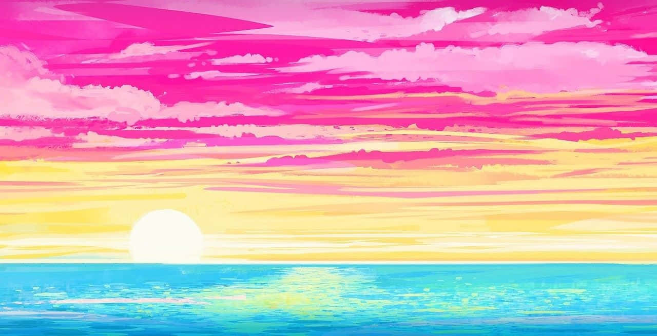 Sunset Beach 桌布 壁紙 — 風格化數位繪畫中，海洋上空充滿活力的日落，帶有粉紅色、黃色和藍色色調。