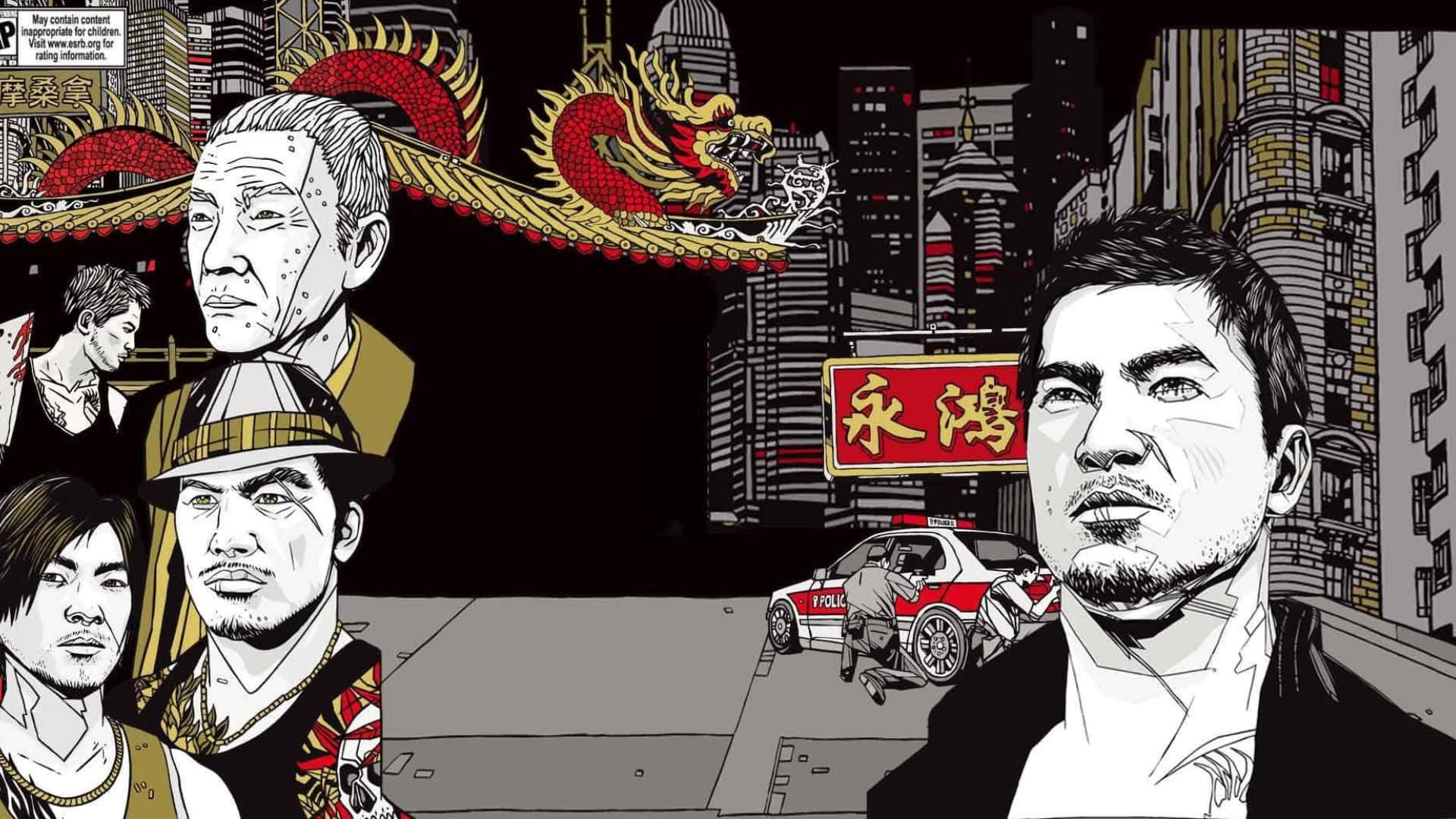 電玩遊戲 桌布 壁紙 — 風格化漫畫插圖，描繪城市街景，包含角色、警車和龍主題建築。