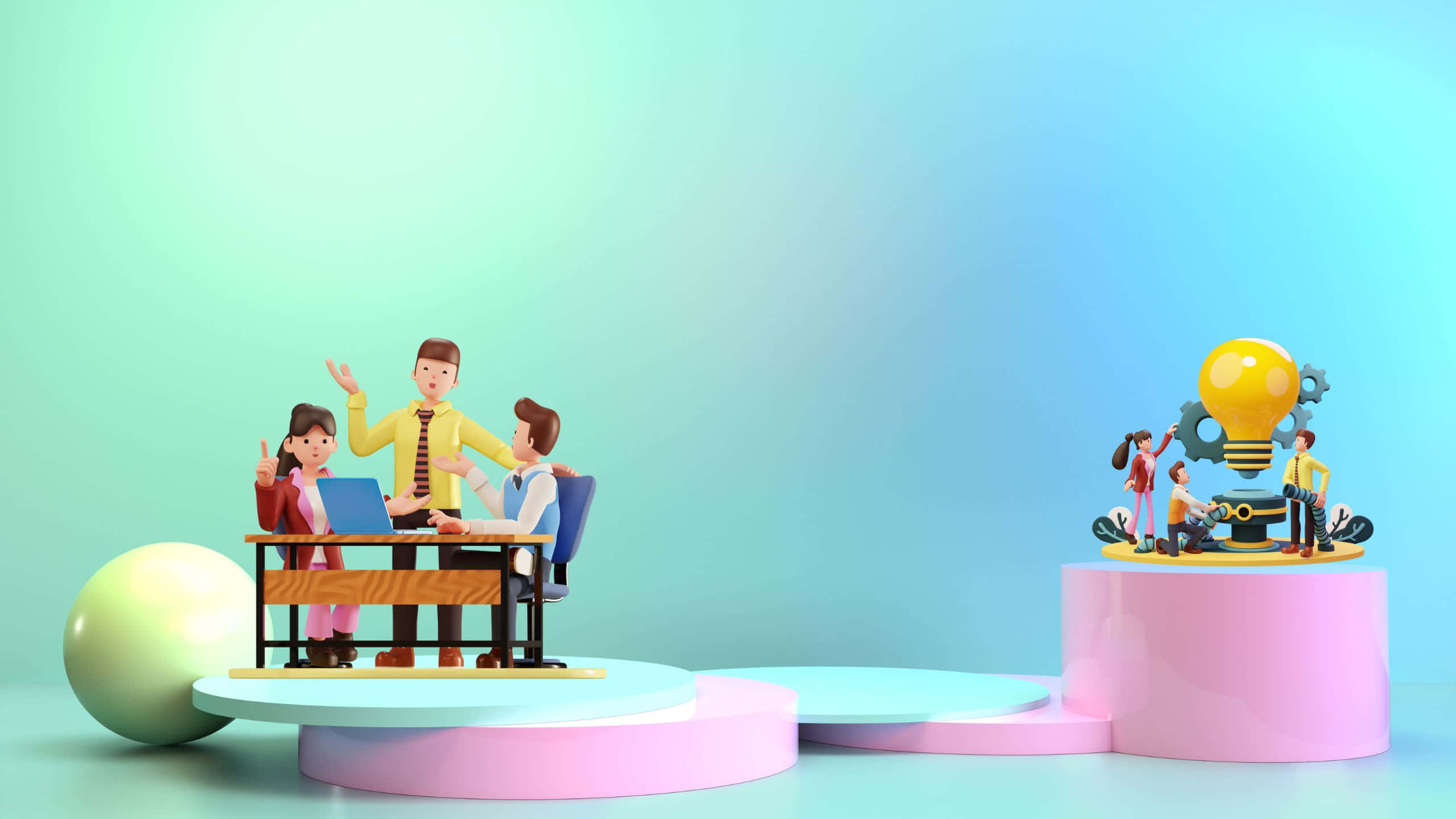 2560x1440 動態圖片 桌布 壁紙 — 風格化的3D渲染微型人物在色彩繽紛的平台上圍繞桌子協作，並在巨型燈泡附近進行腦力激盪。