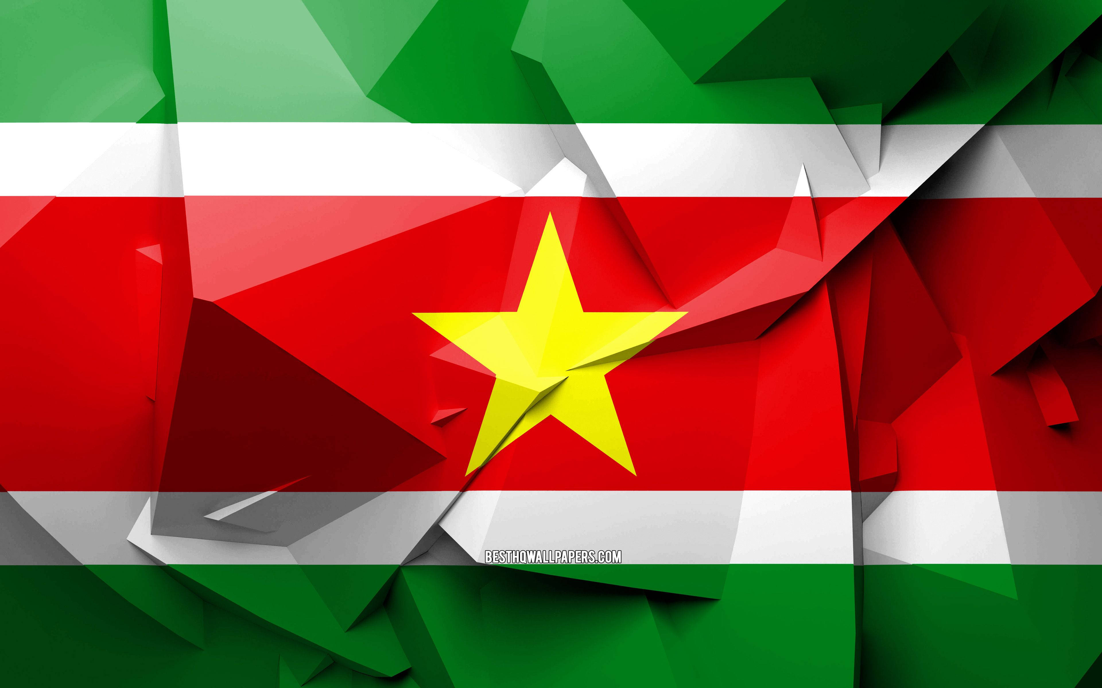 Suriname 桌布 壁紙 — 風格化的3D渲染蘇利南國旗，帶有幾何摺痕和銳利陰影。