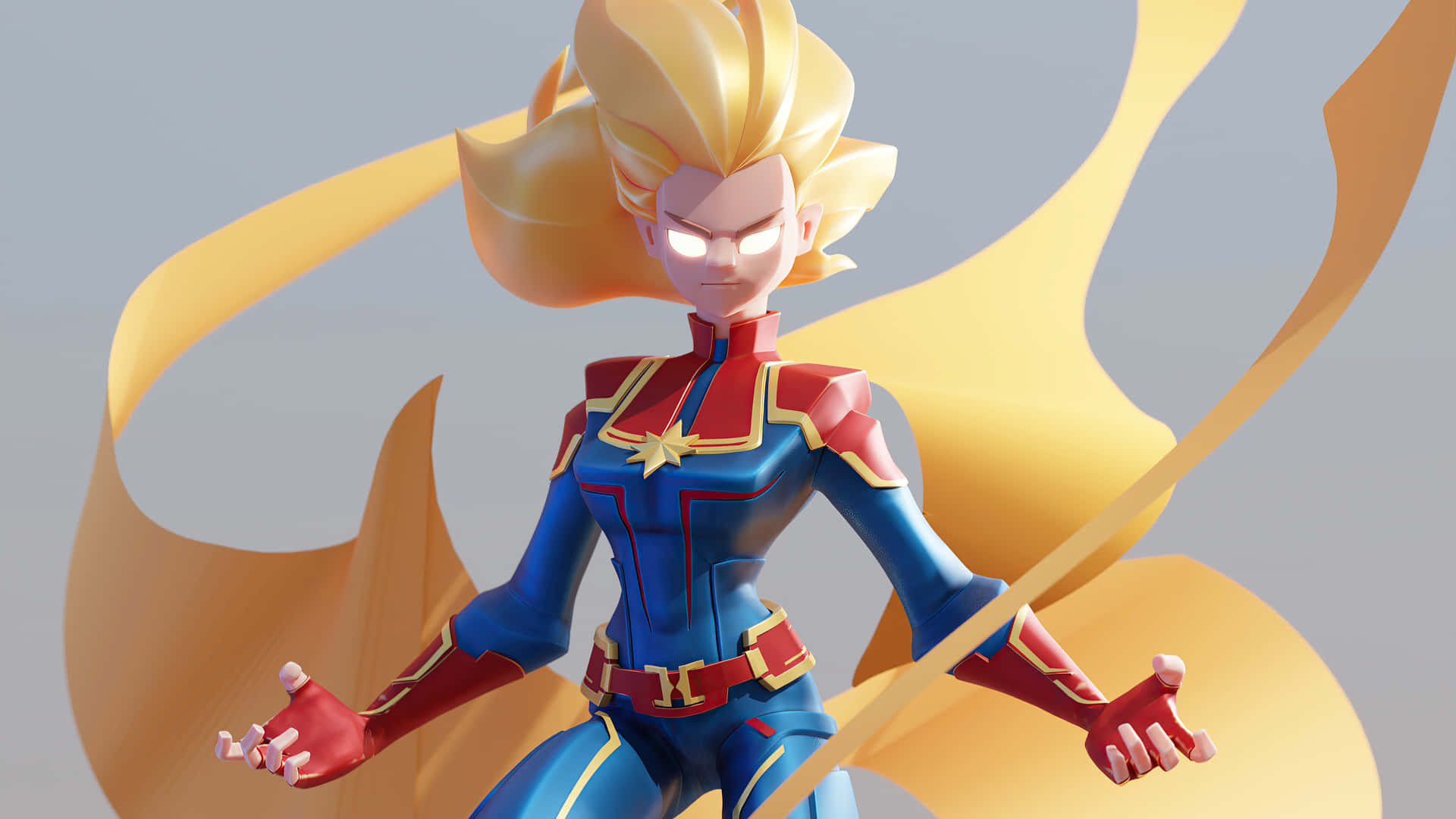 Captain Marvel HD 桌布 壁紙 — 風格化的3D渲染驚奇隊長，雙眼發光，金色能量流環繞，呈現動感姿態。