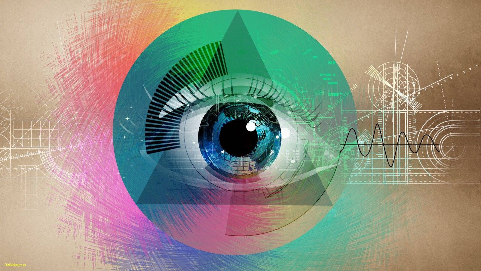 illuminati 桌布 壁紙 — 風格化的人類眼睛，帶有數位疊加和向外輻射的鮮豔色彩漸變。