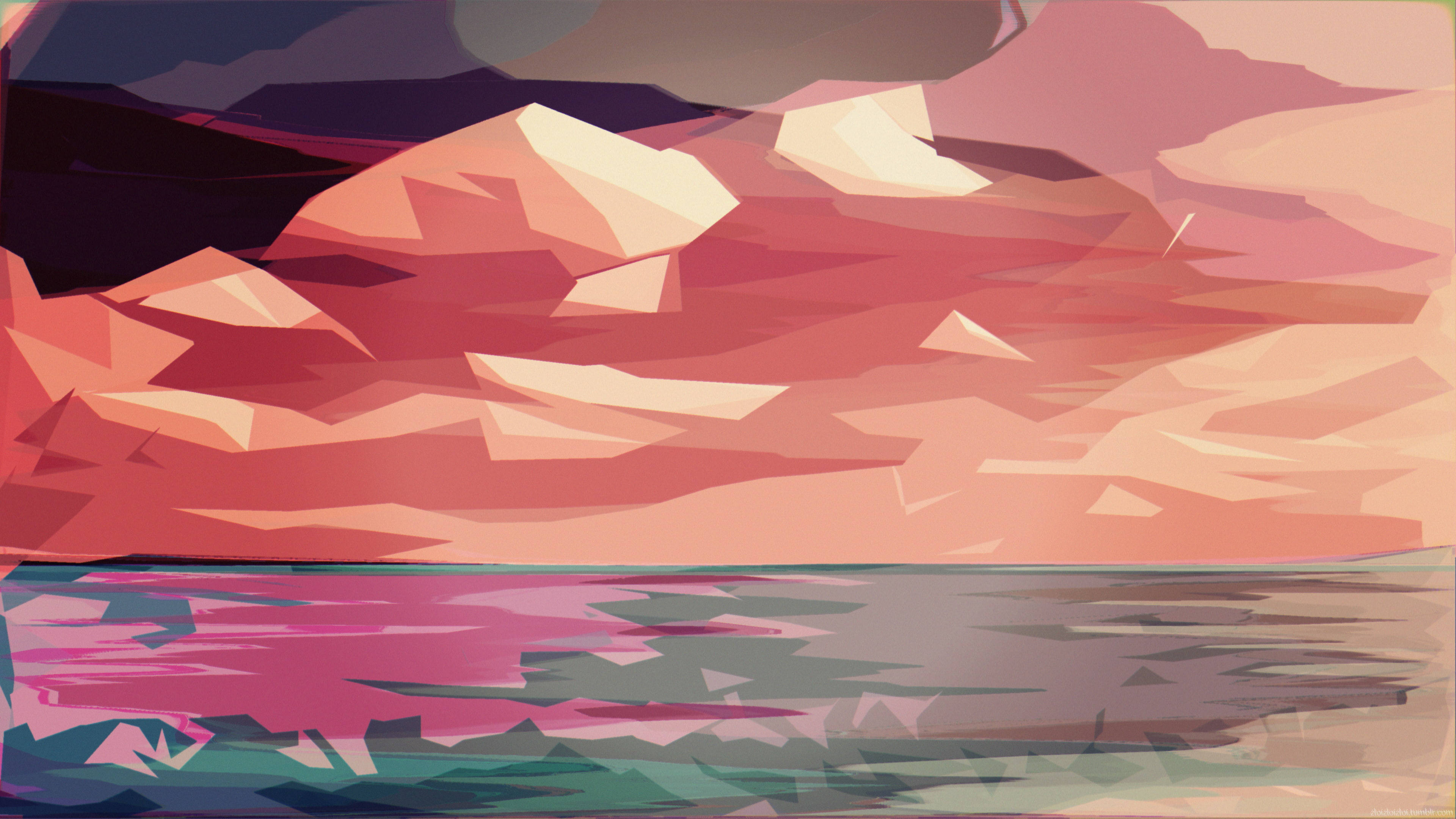 Polygon 桌布 壁紙 — 風格化的低多邊形山脈在平靜的水面上倒映，天空呈現暮色中的粉紅和紫色。