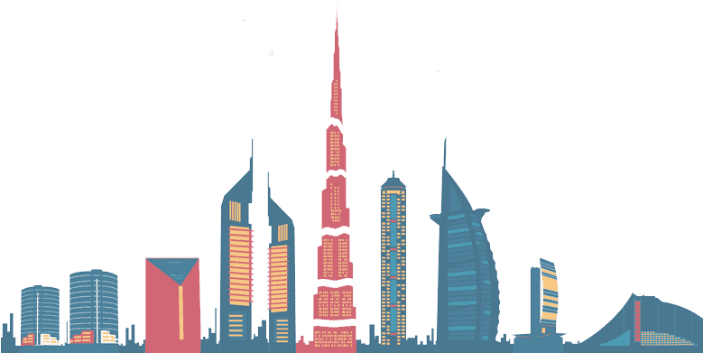 Building 桌布 壁紙 — 風格化的城市天際線，哈里發塔和帆形塔樓在黑色夜空中閃耀。