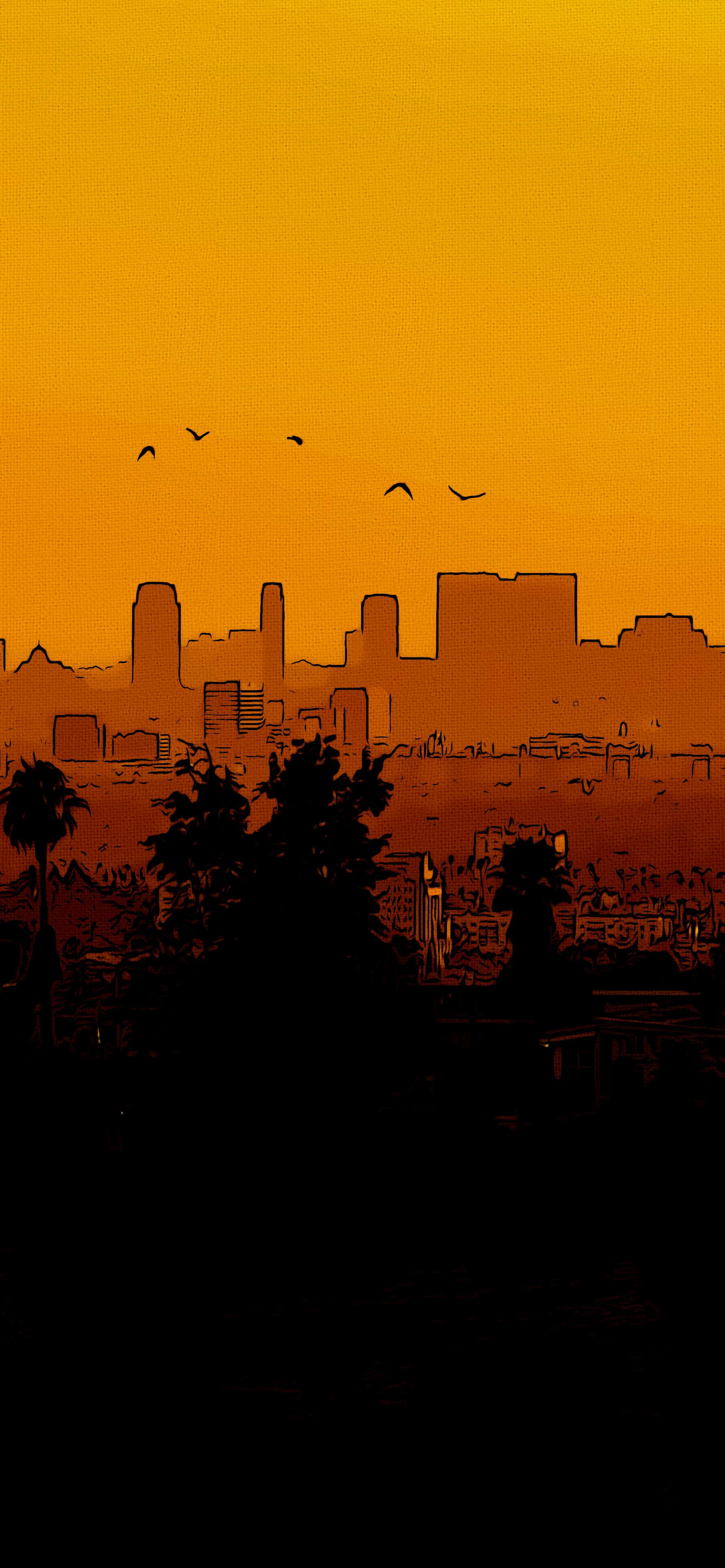 City Sunset iPhone 桌布 壁紙 — 風格化的城市天際線，日落時分，鳥兒在棕櫚樹剪影上方飛翔，背景是溫暖的橙色天空。