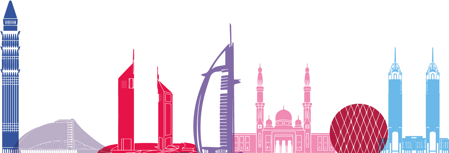 Clip Art 桌布 壁紙 — 風格化的城市天際線剪影，以鮮明的紅色、藍色和紫色標誌性建築物，襯托黑色背景。