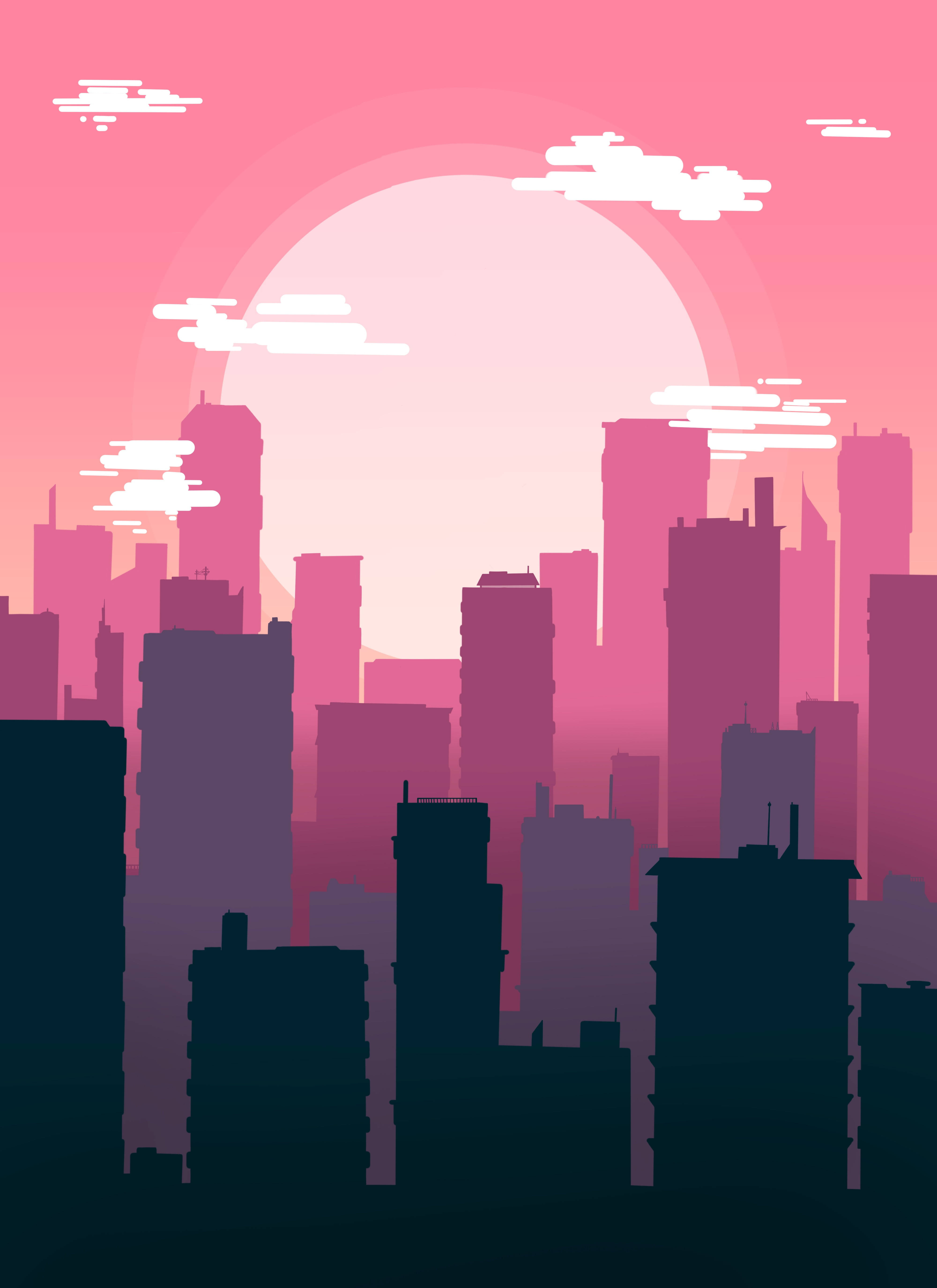 城市風景 桌布 壁紙 — 風格化的城市天際線在日落時分，帶有粉紅色和紫色的漸變以及白色的雲朵，映襯著發光的太陽。