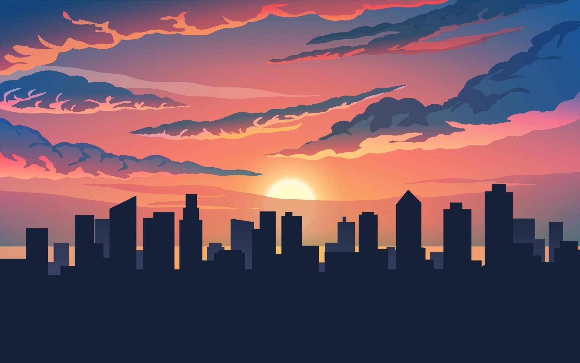 夕陽天空 桌布 壁紙 — 風格化的城市天際線在日落時分，鮮豔的橙色、粉紅色和藍色雲朵在發光的太陽映襯下形成剪影。