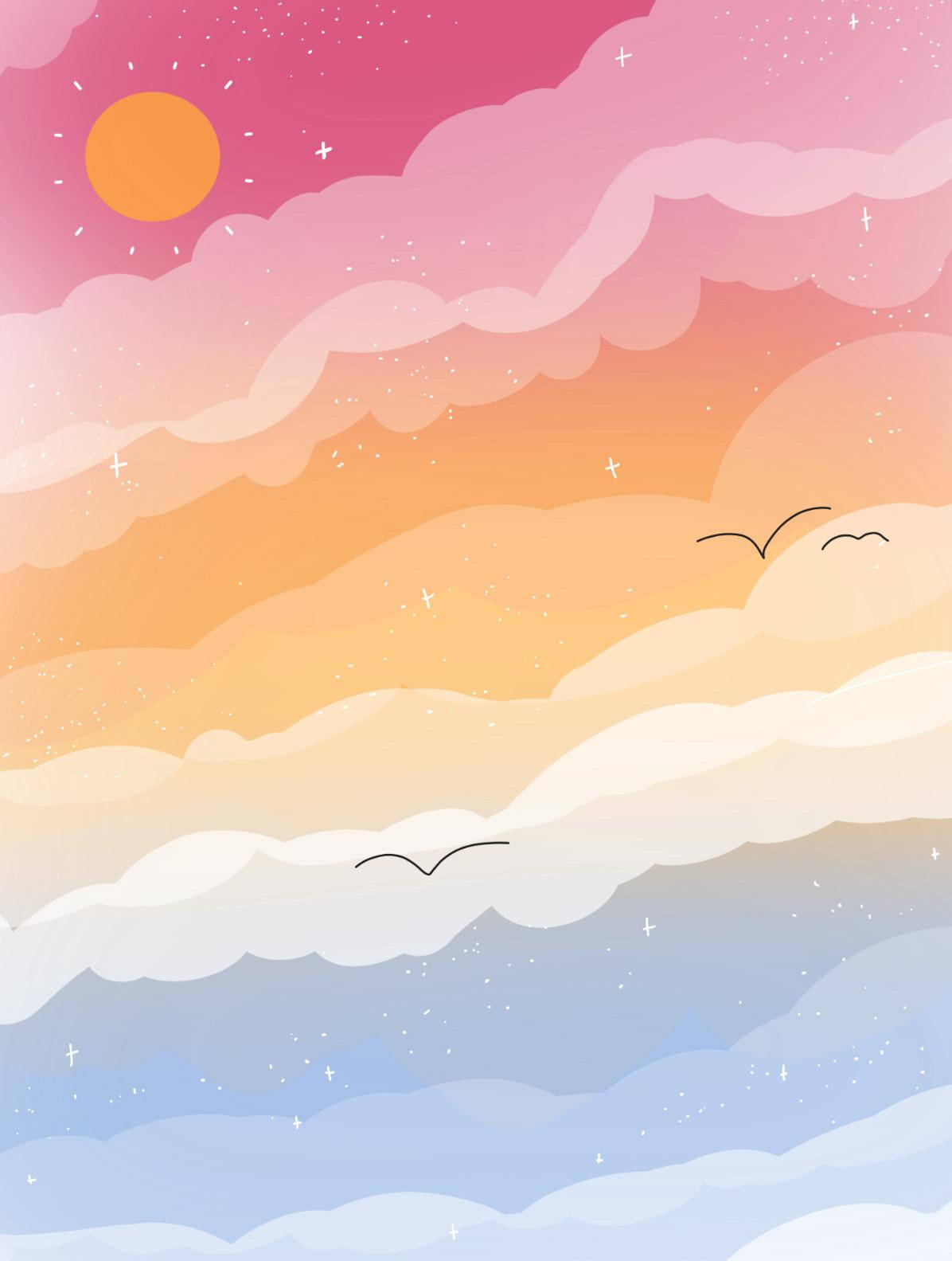 Pansexual 桌布 壁紙 — 風格化的天空，帶有層疊的粉彩雲朵、溫暖的太陽和飛翔的鳥兒，背景為粉紅、橙和藍色的漸變。