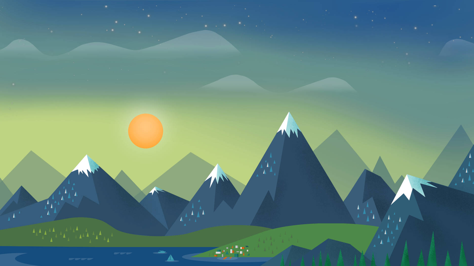 google 桌布 壁紙 — 風格化的山脈，有積雪的山峰和發光的太陽，背景是星光燦爛的黃昏天空。