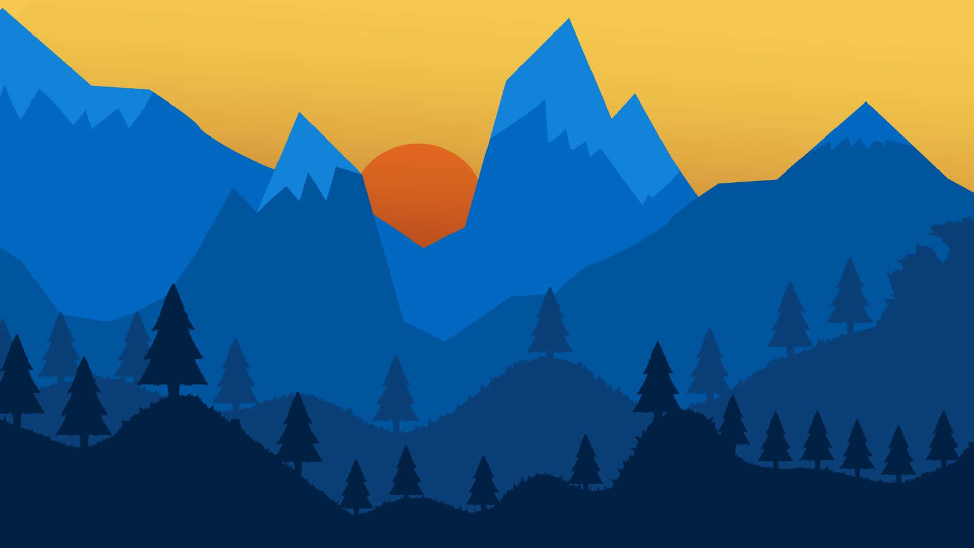 Minimalist Forest 桌布 壁紙 — 風格化的山脈在日落時分，橙色太陽嵌於山峰之間，下方有深色松樹。