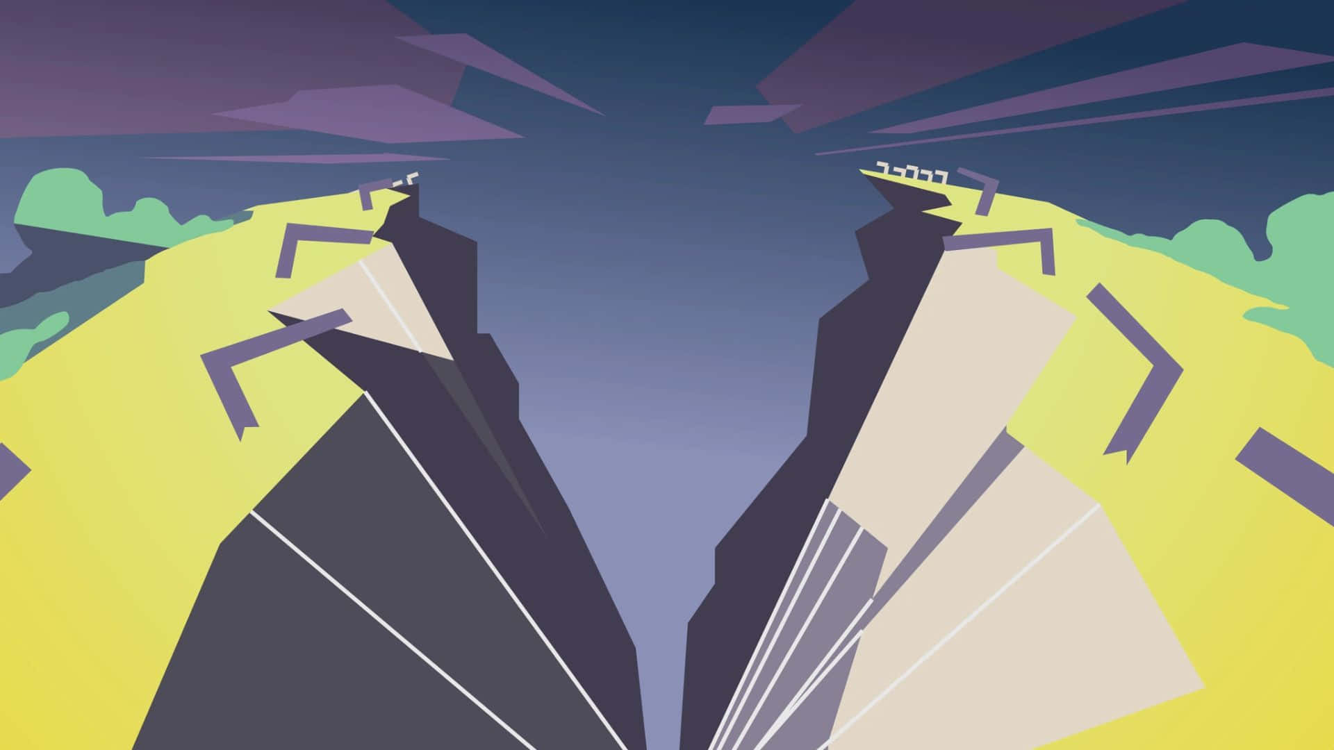 Bfdi 桌布 壁紙 — 風格化的幾何山脈，具有尖銳的角狀山峰和鮮明的黃色、紫色和灰色，在暮色天空下。