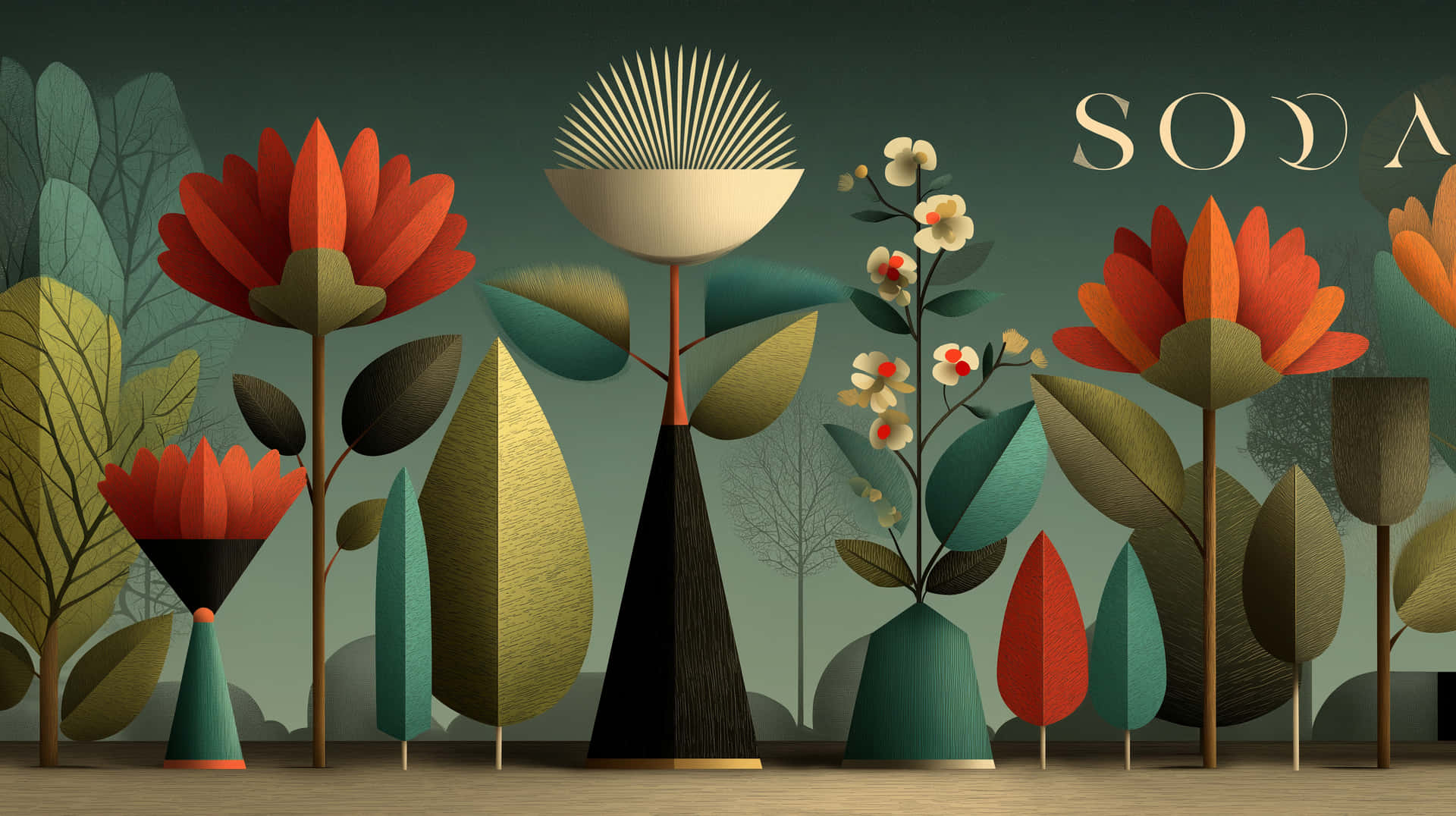 Retro Floral Mid-Century Modern Art Illustration 壁紙 — 風格化的幾何花朵和葉子，以溫暖的紅色、藍綠色和金色呈現，在柔和的綠色背景上高高聳立，帶有 'SODA' 文字。