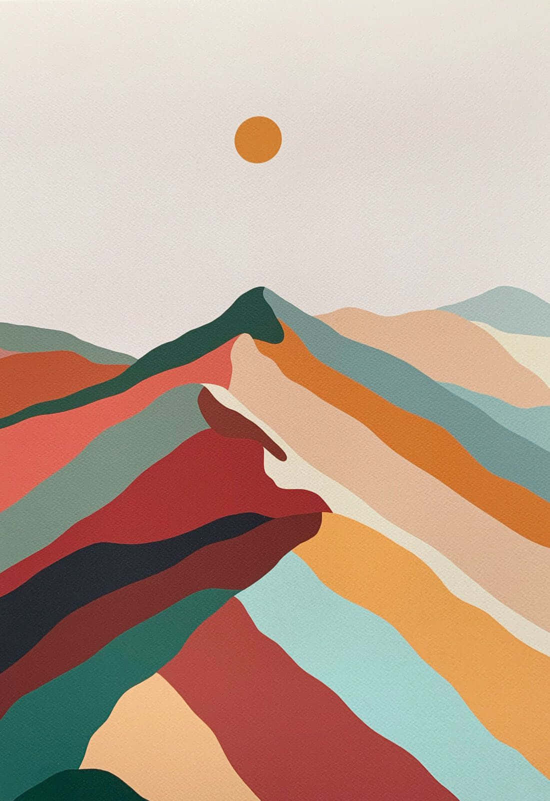 Minimalist Painting 桌布 壁紙 — 風格化的抽象山脈以冷暖色調在淡色天空下於單個橙色太陽下方升起。