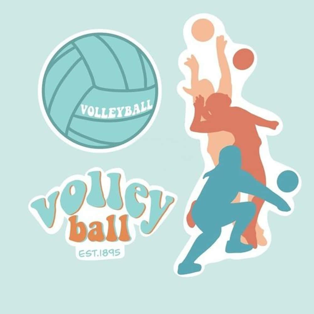Cute Volleyball 桌布 壁紙 — 風格化的排球運動員在運動中，帶有球圖形和文字，背景為柔和青綠色。