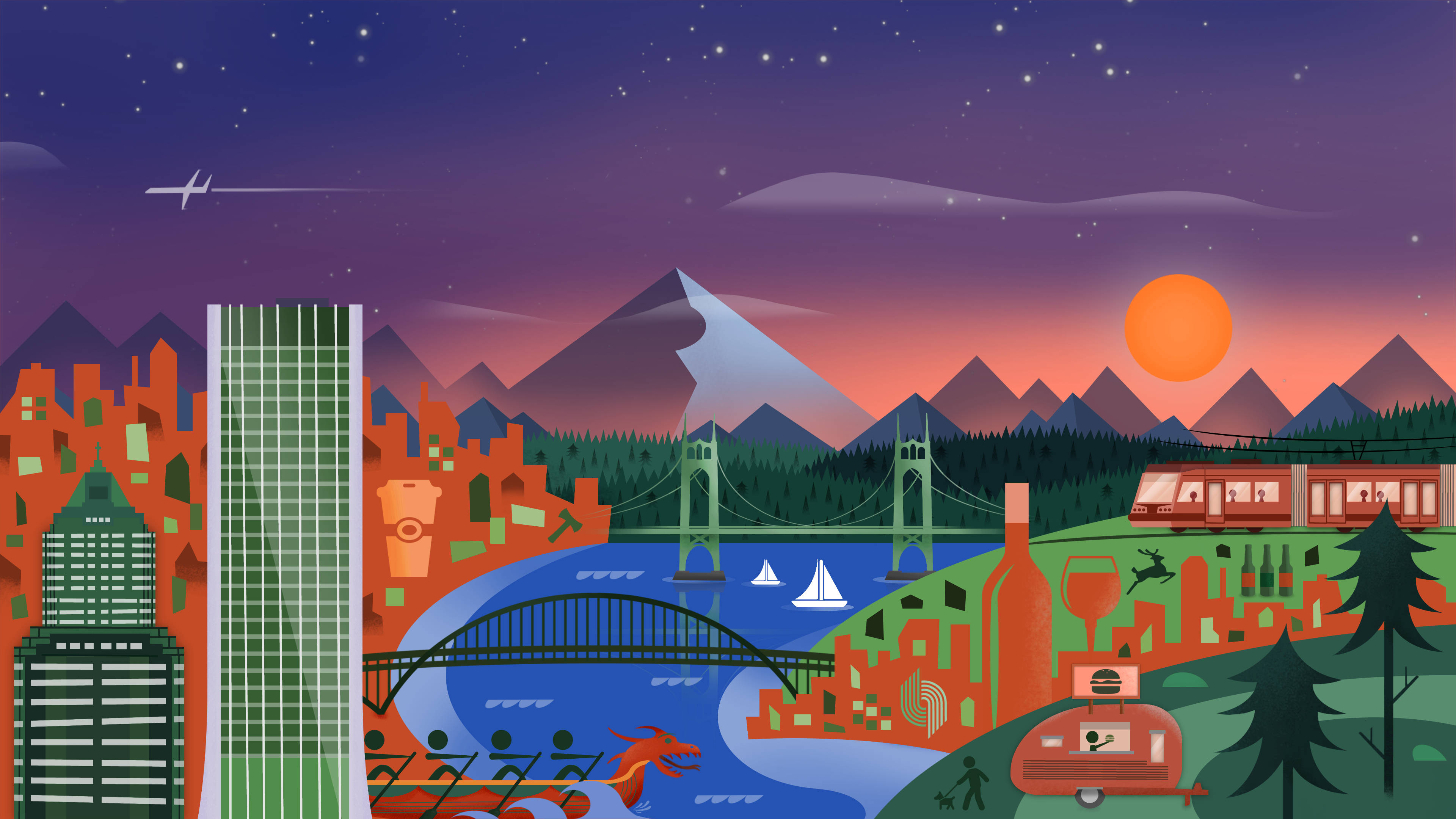 Portland 桌布 壁紙 — 風格化的插圖城市景觀，在暮色中呈現山脈、橋樑和船隻，星空下夕陽西下。