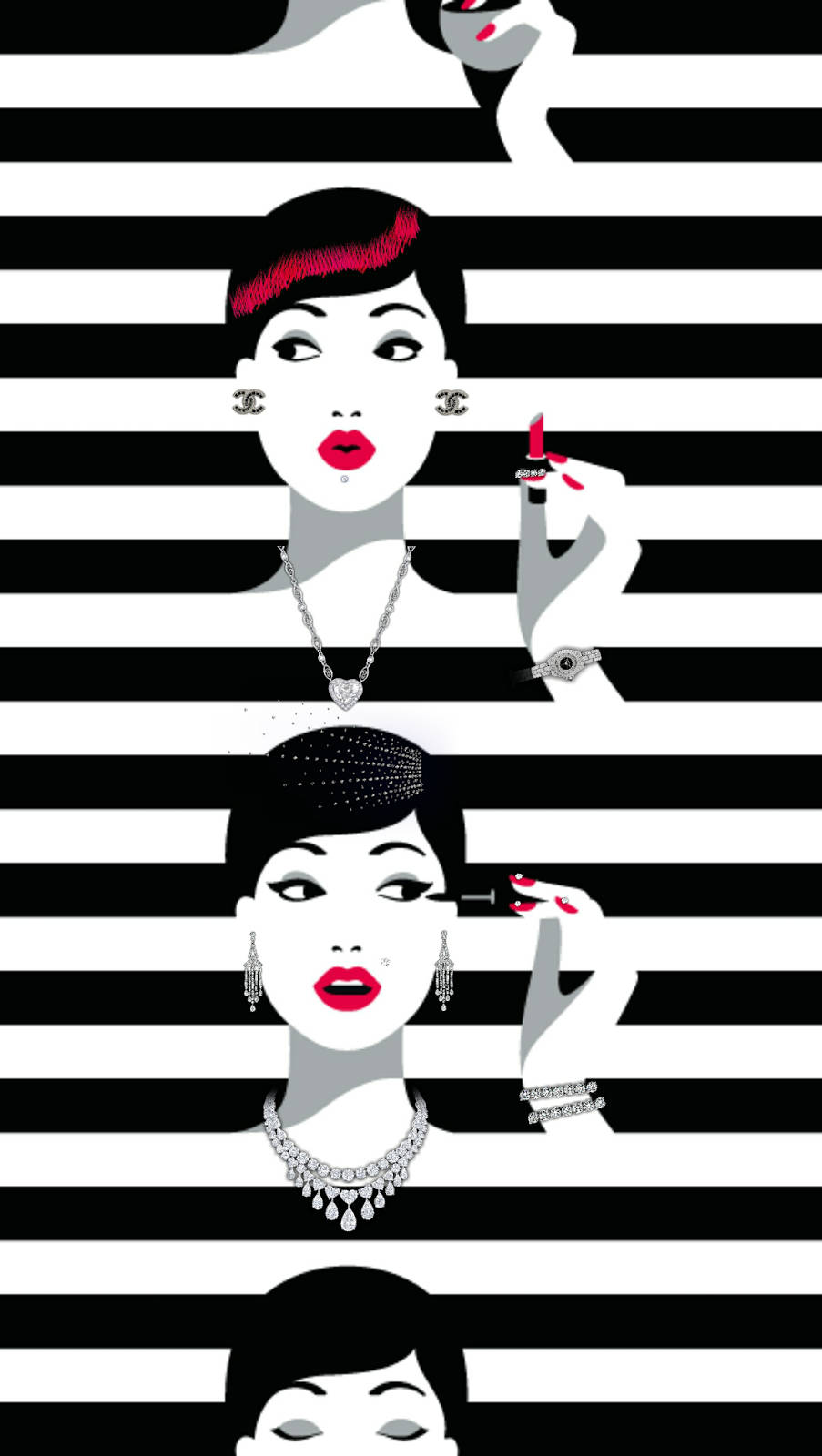 Sephora 桌布 壁紙 — 風格化的插圖女性，身著黑白條紋，搭配大膽紅唇和奢華配飾。