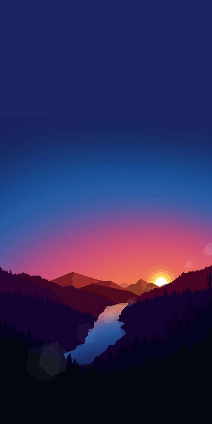 Minimalist Nature 桌布 壁紙 — 風格化的數位景觀中，山頂上寧靜的日落，蜿蜒的河流映照著發光的地平線。