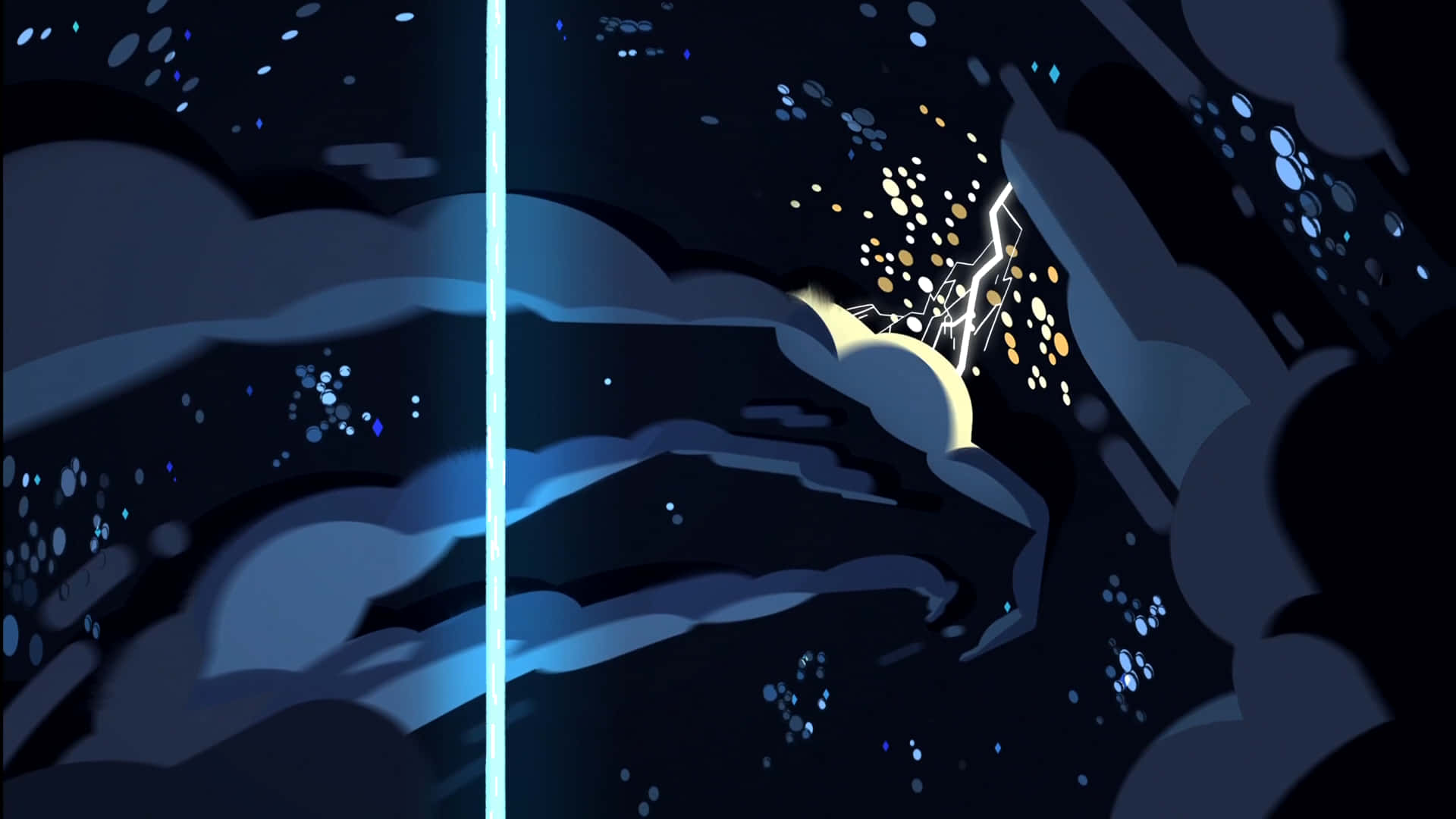 Cartoon Space 桌布 壁紙 — 風格化的數位藝術風暴，帶有發光的藍色雲朵和一道明亮的閃電劃破夜空。
