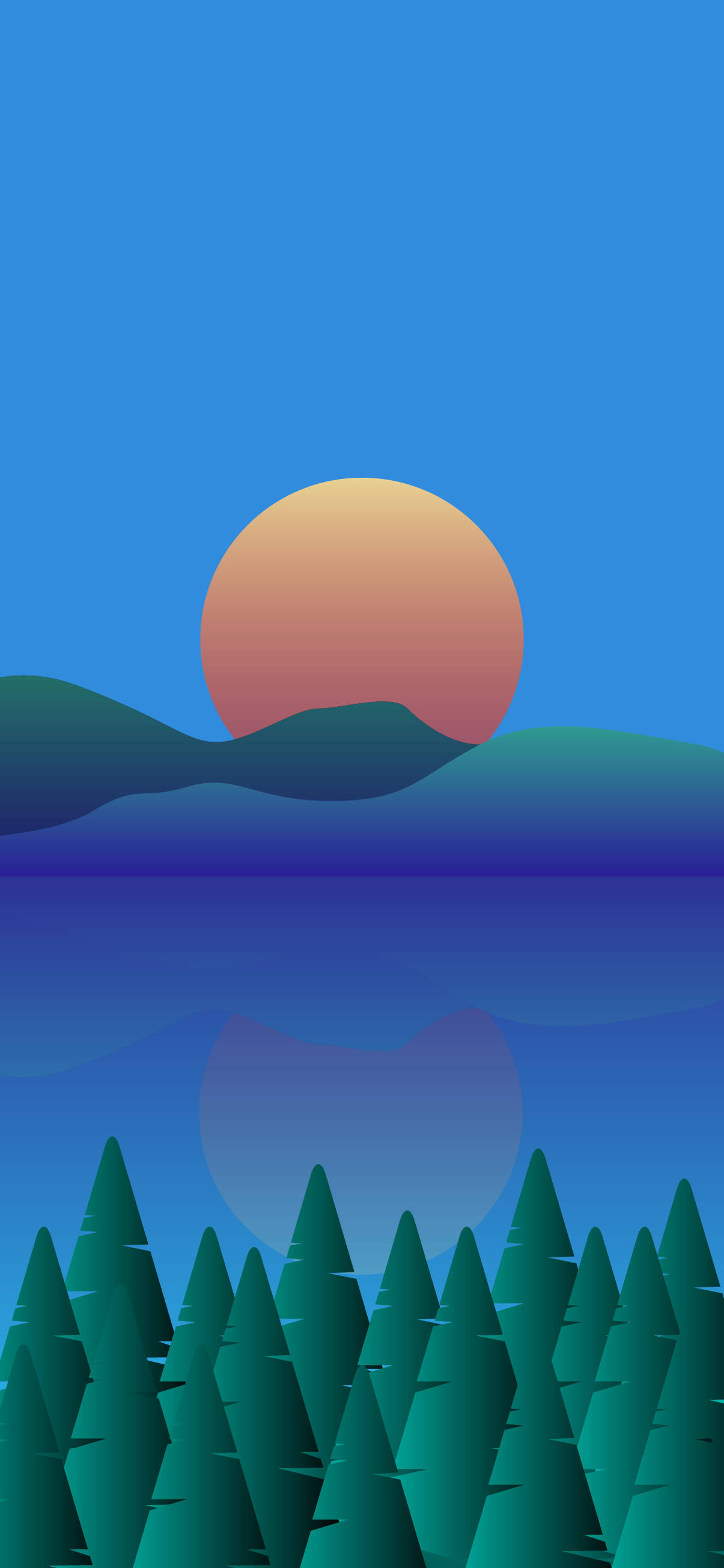 Minimalist Phone 桌布 壁紙 — 風格化的日落，在綠色松樹林下的平靜水面上，映照著起伏山丘上的漸變橙色太陽。