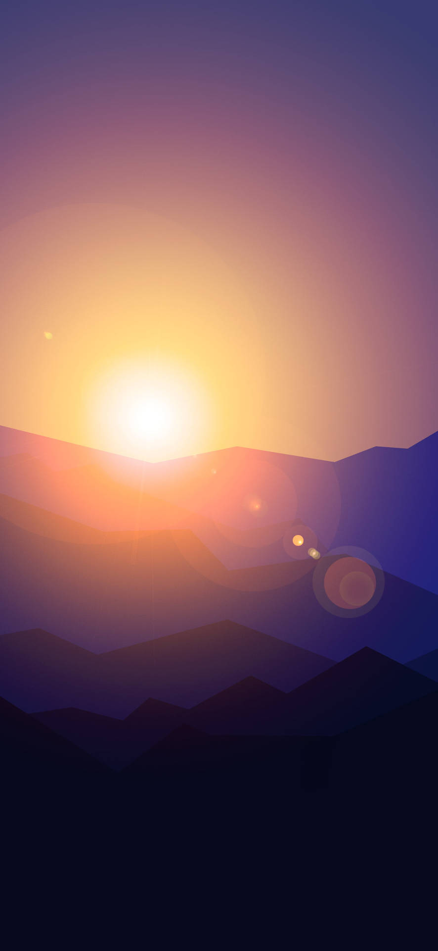 日落山頂，帶有鏡頭光暈和漸變天空 — 簡約 Android 桌布 壁紙