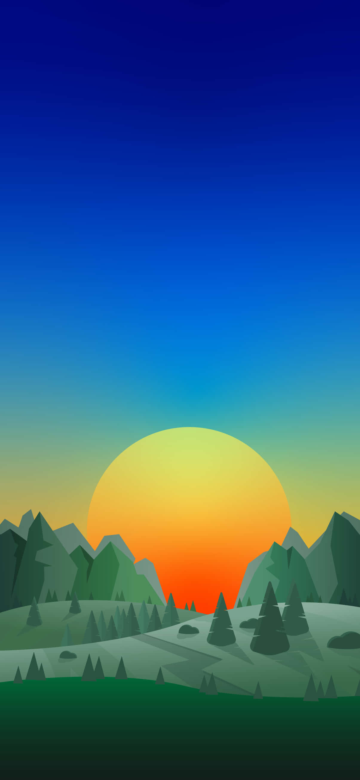 Sunrise iPhone 桌布 壁紙 — 風格化的日落，幾何山脈上方有從藍色漸變到橙色的天空。